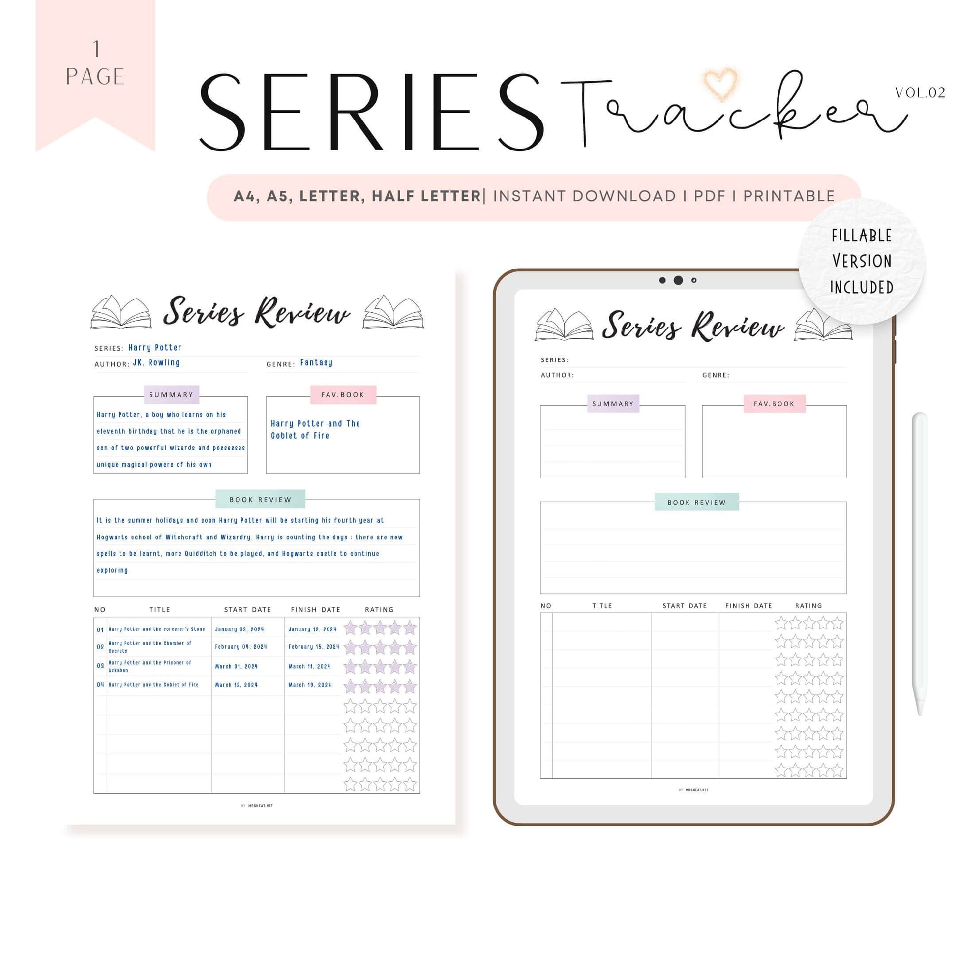 Series Review Tracker Template Printable, A4, A5, Letter, Half Letter, Colorful Page, Digital Planner, Fillable version PDF