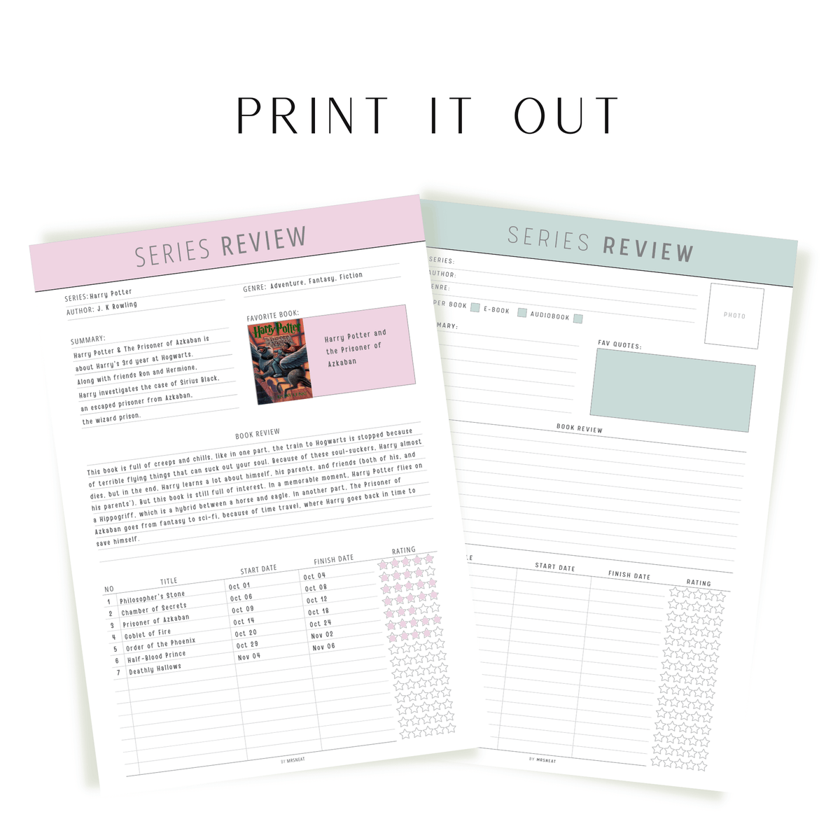 Book Series Review Template PRINTABLE PDF - M213 – mrsneat