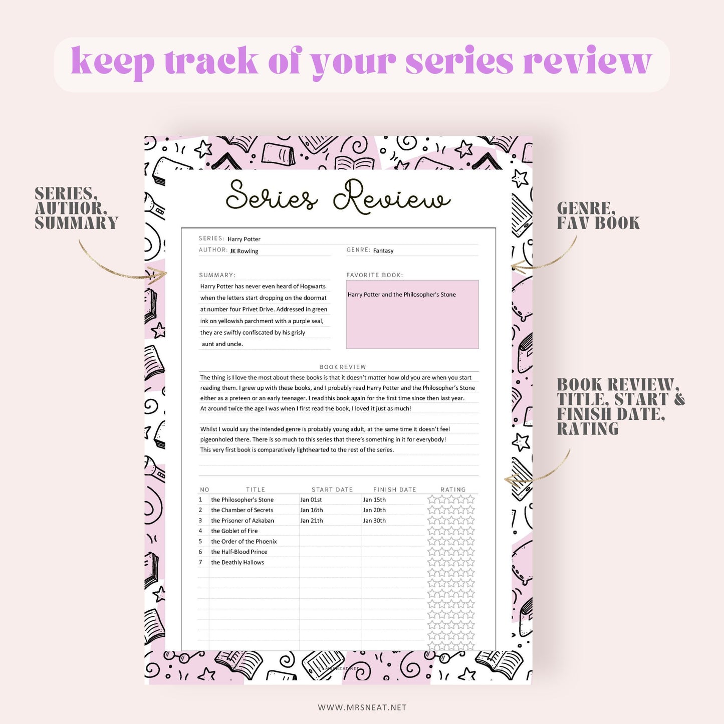 Fillable Book Series Tracker Printable, Book Series List, Book Series Planner, Reading List, Series Tracker, 5 Colors, A4, A5, Letter, Half Letter