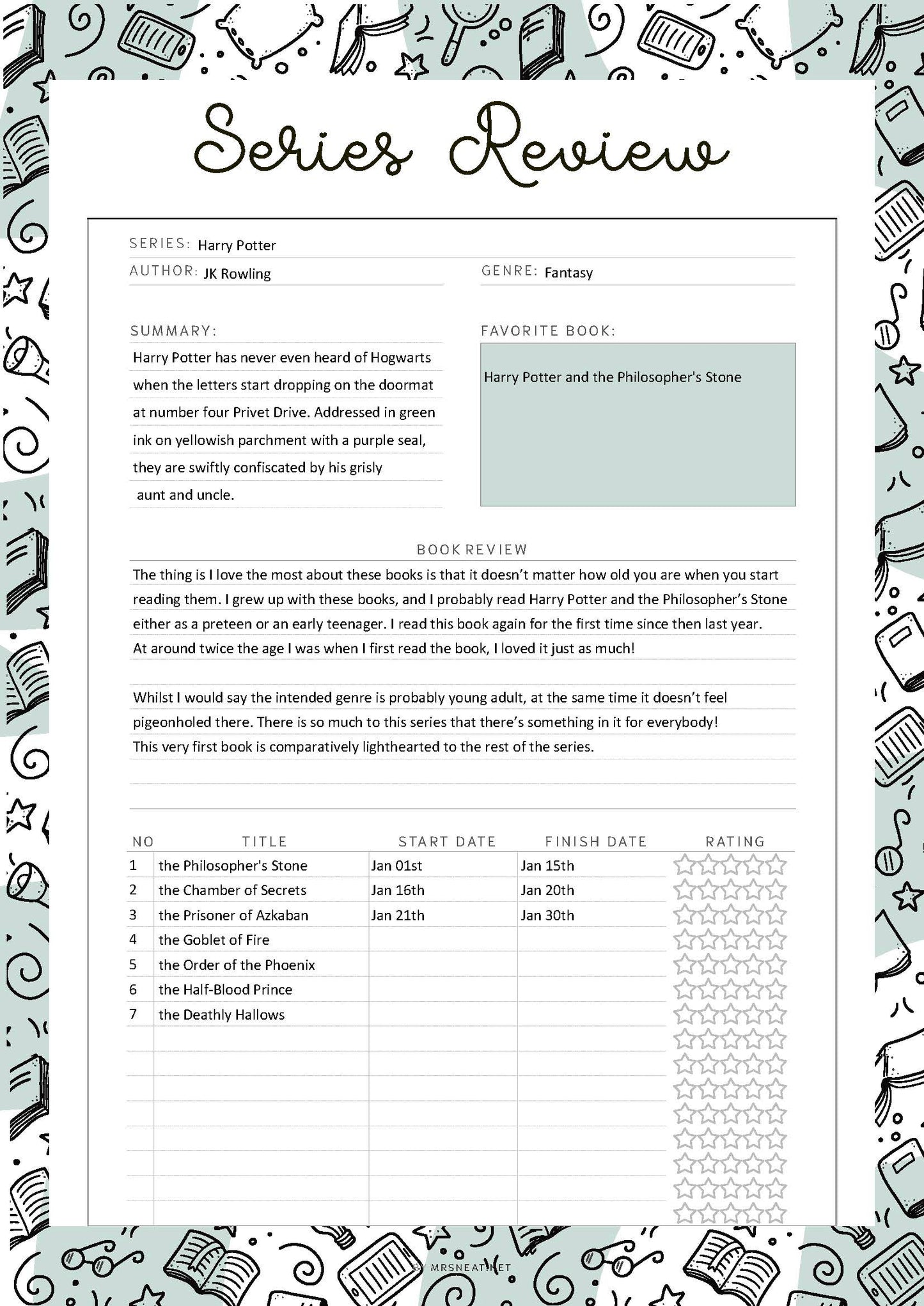 Fillable Book Series Tracker Printable, Book Series List, Book Series Planner, Reading List, Series Tracker, 5 Colors, A4, A5, Letter, Half Letter