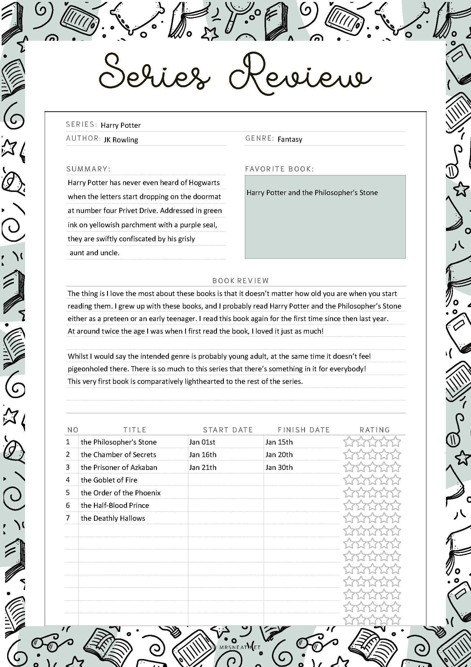 Fillable Book Series Tracker Printable, Book Series List, Book Series Planner, Reading List, Series Tracker, 5 Colors, A4, A5, Letter, Half Letter