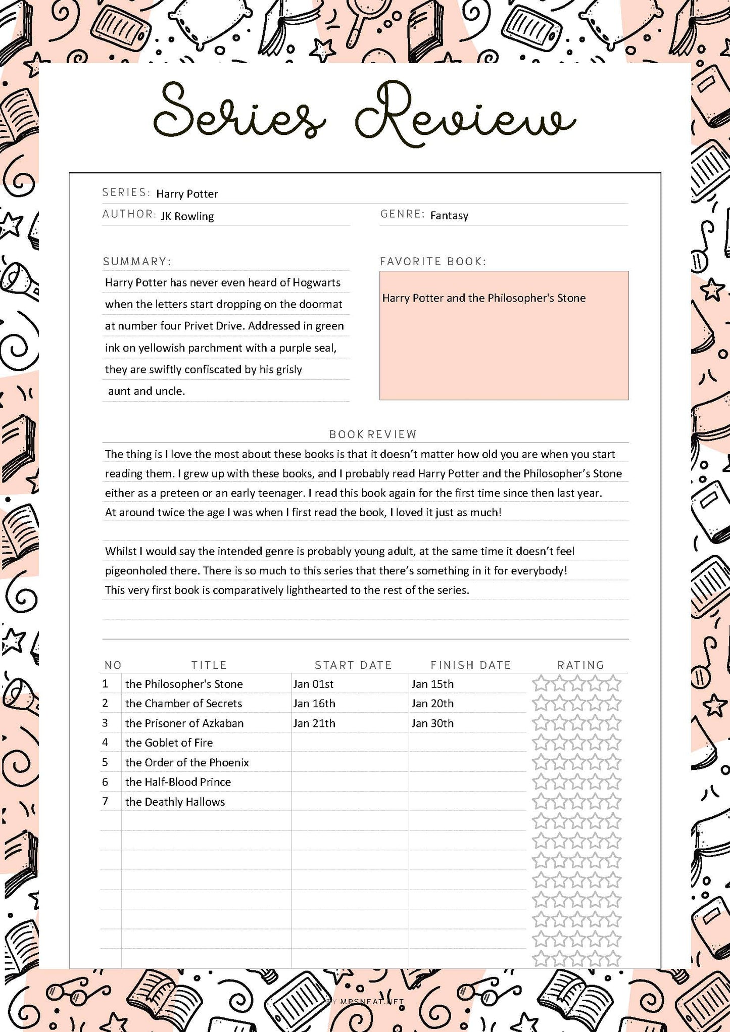 Fillable Book Series Tracker Printable, Book Series List, Book Series Planner, Reading List, Series Tracker, 5 Colors, A4, A5, Letter, Half Letter