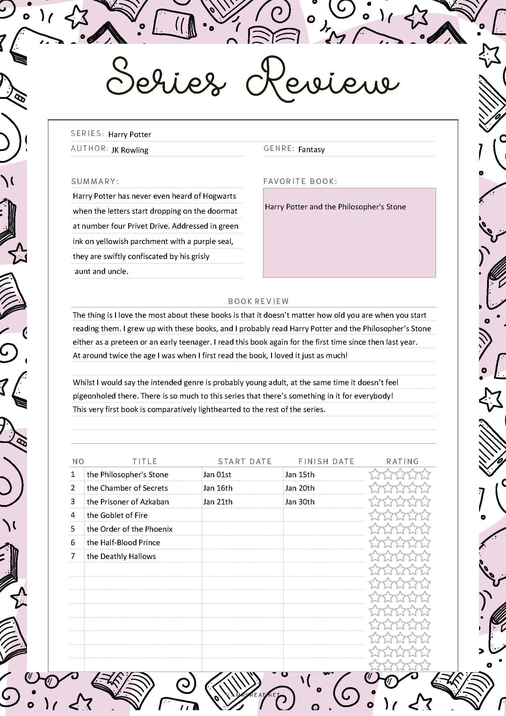 Fillable Book Series Tracker Printable, Book Series List, Book Series Planner, Reading List, Series Tracker, 5 Colors, A4, A5, Letter, Half Letter