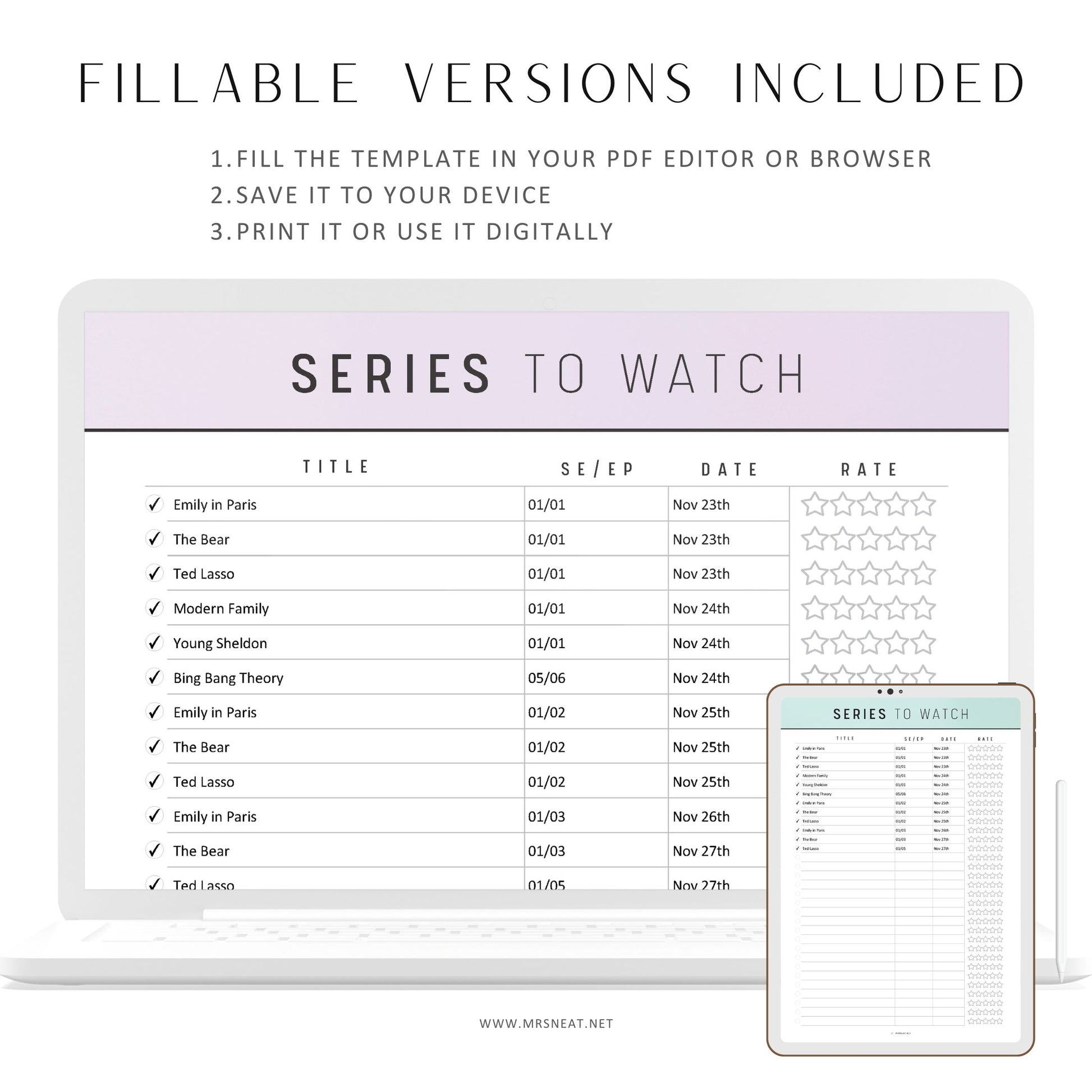 Fillable Series To Watch Template Printable, Movie Series To Watch List, PDF, A4, A5, Letter, Half Letter, 6 colors