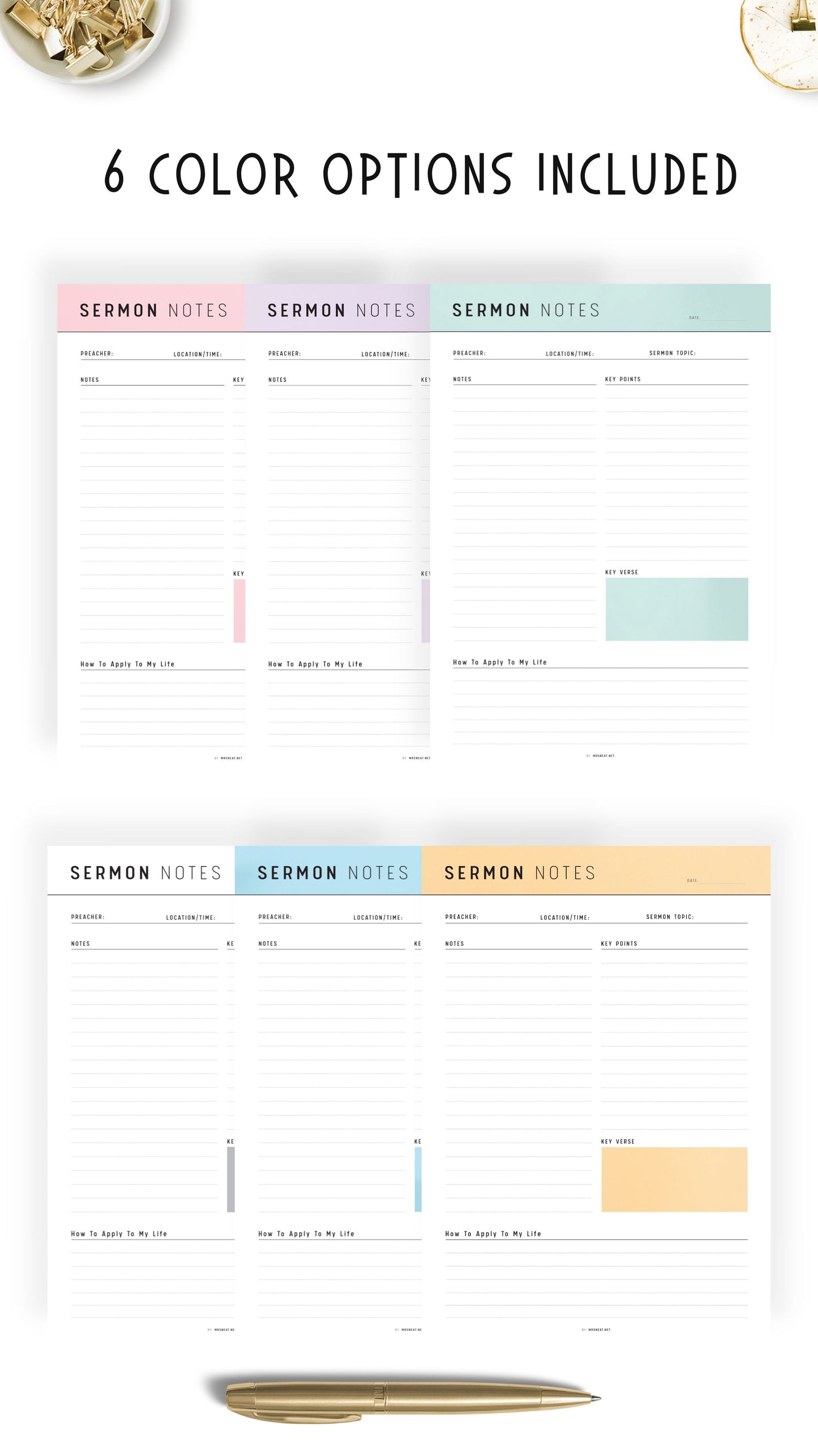 6 beautiful pastel colors of Printable Sermon Notes Journal Template