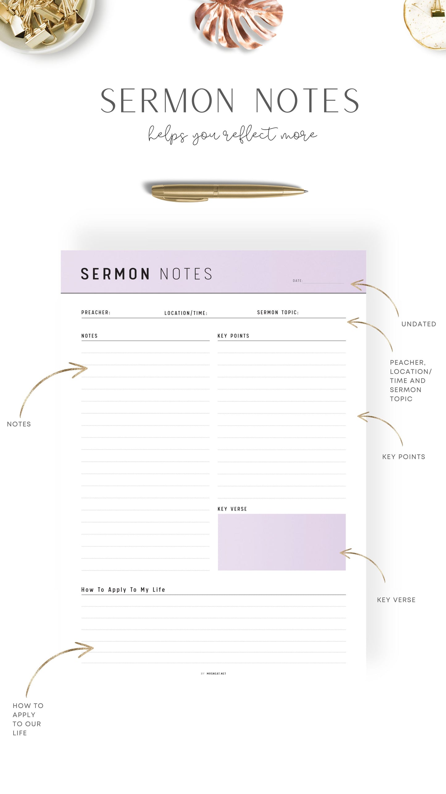 Beautiful Purple Printable Sermon Notes Journal Template