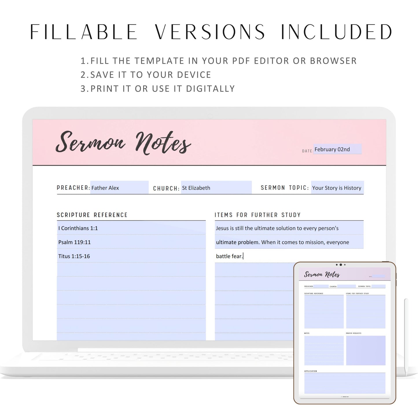 Fillable Printable Sermon Notes PDF, Church Sermon Note Template, Sermon Notes Journal, Notes Page, 6 Colors, A4, A5, Letter, Half Letter