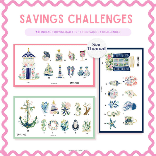 delightful adventure with charming set of three A6 mini savings challenges featuring adorable sea-themed designs.