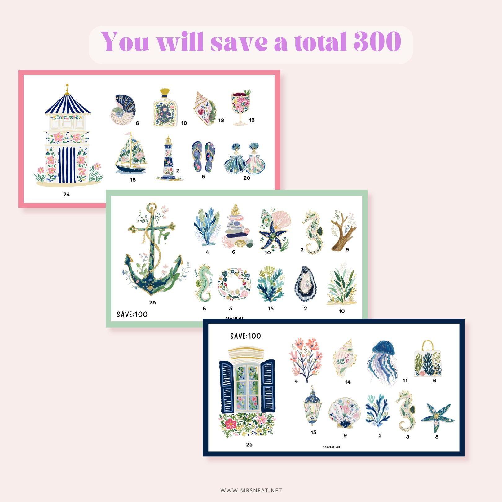 Kawaii set of three (Pink, Blue Navy and Soft Green) A6 mini savings challenges PRINTABLE with sea-themed to save total 300