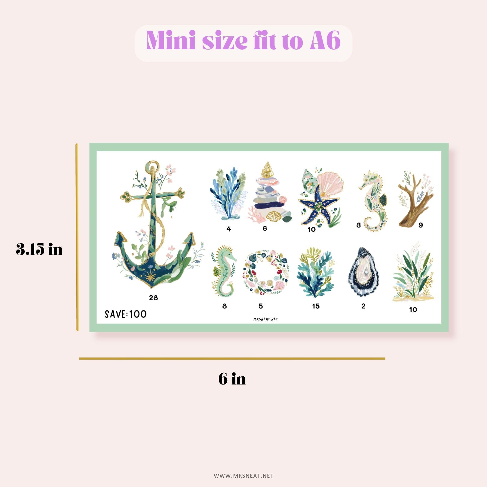 Cute soft green A6 Sea Themed Mini Savings Challenge to save 100 Perfect for tracking small financial goals