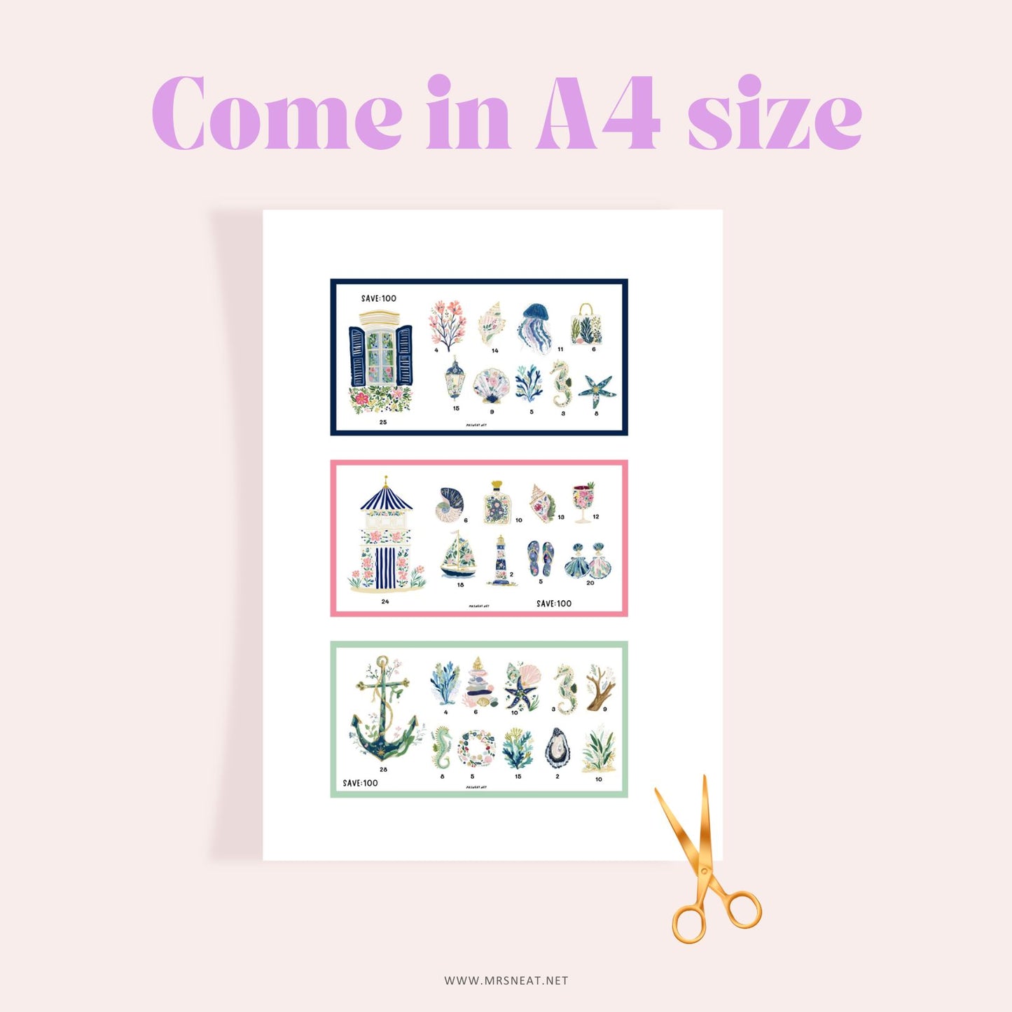 beautiful aesthetics set of Three A6 Sea Mini Savings Challenge in A4 Paper size   ready to cut that make saving fun and rewarding.