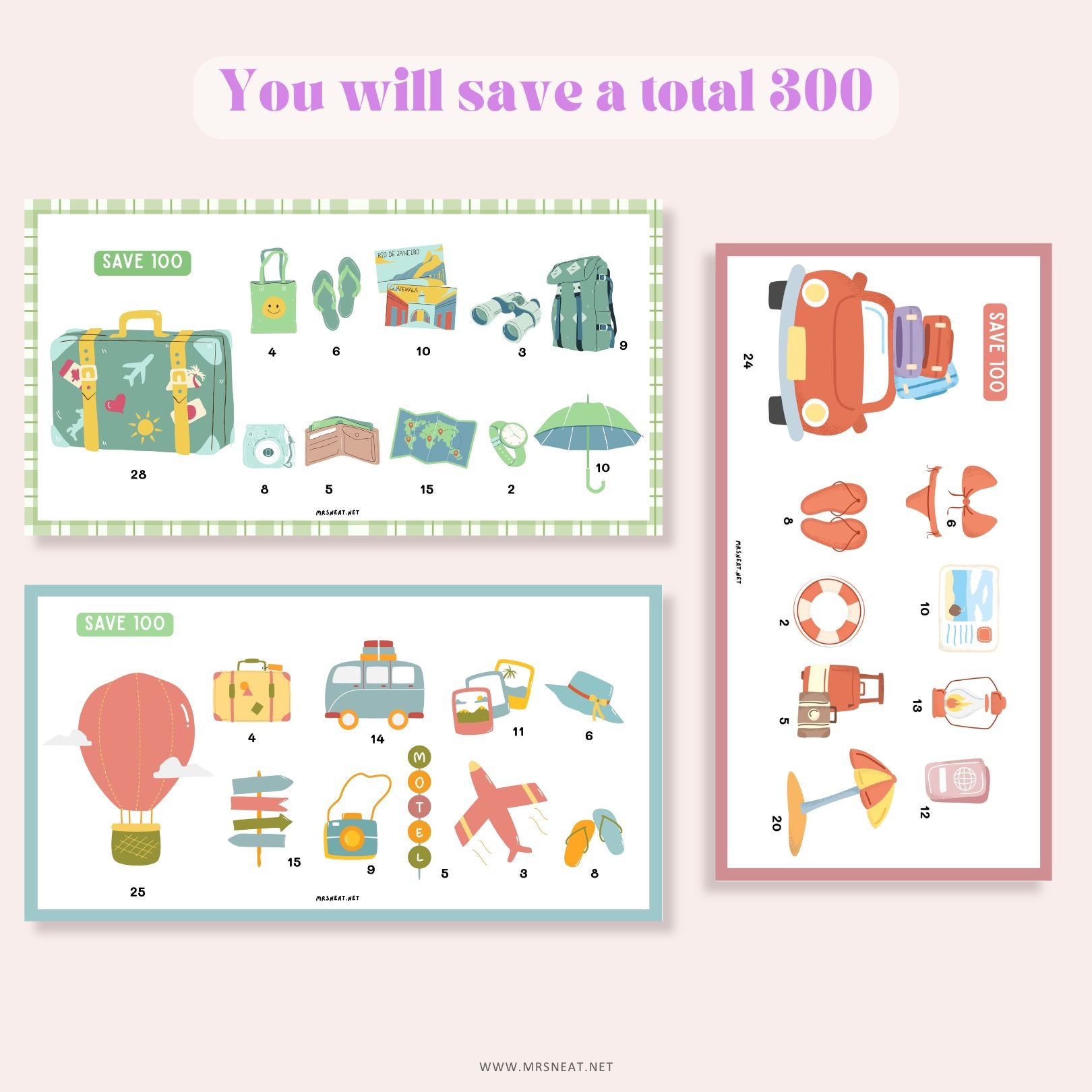 Set of Three Summer Holiday Savings Challenge A6 PRINTABLE (PDF) for Low Income Budget to save 300