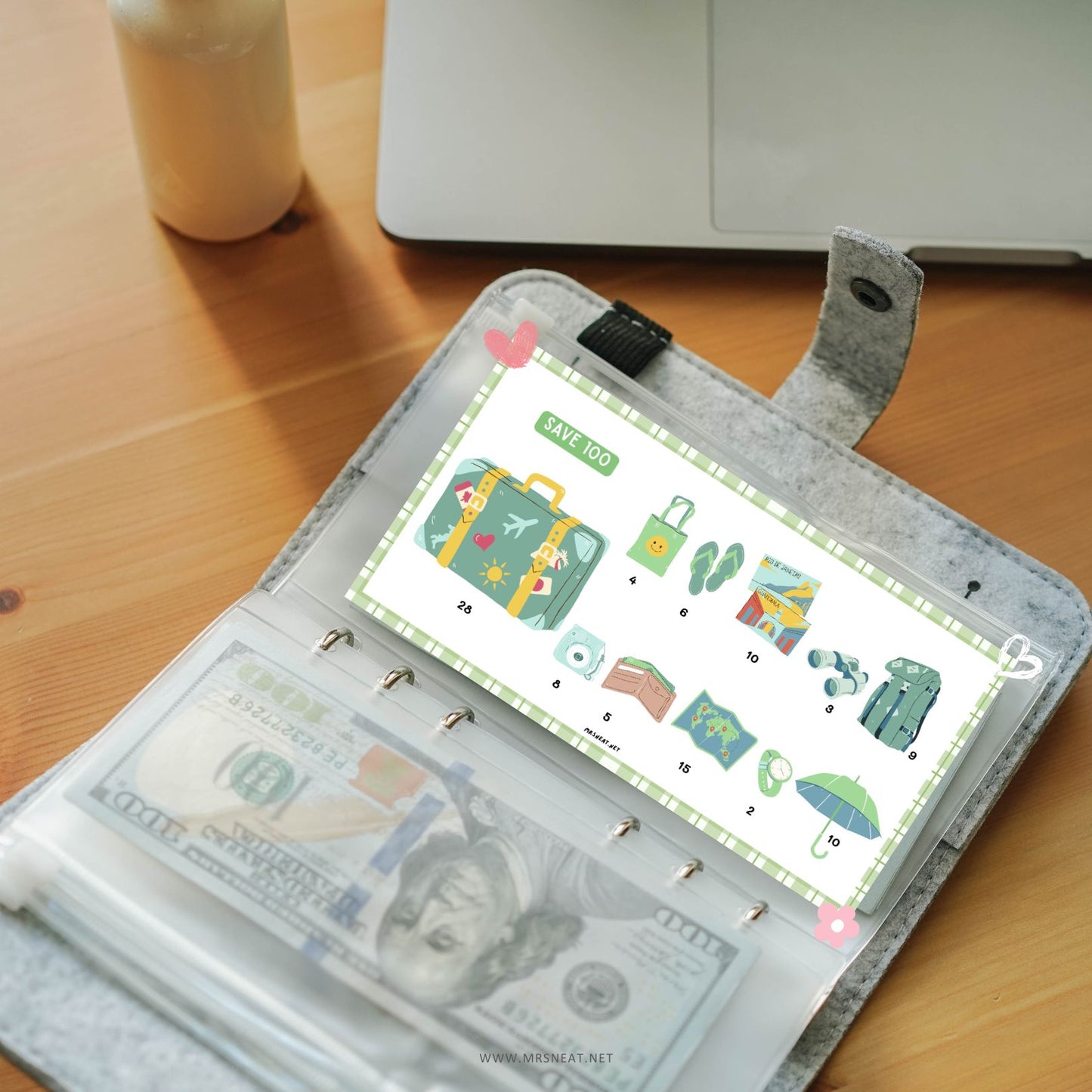 Beautiful Soft Green Summer Holiday Mini Savings Challenge to save 100 for Low Income Savings