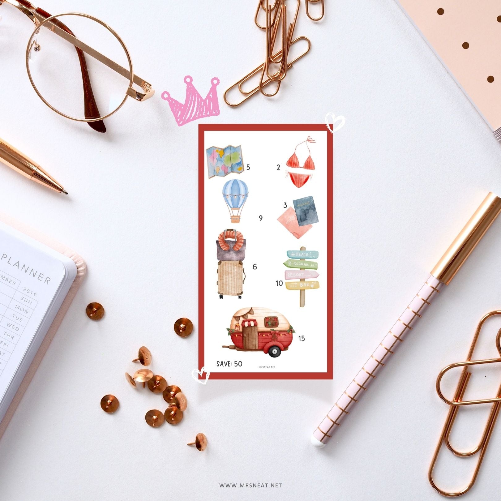 Red Adorable Summer Holiday Tiny Mini Savings Challenge A6 PRINTABLE (PDF) to save 50 for Low Income Budgeting