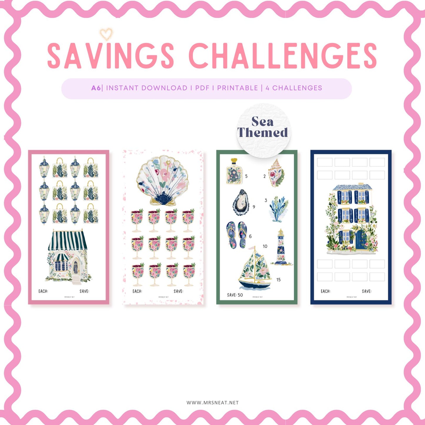 Beautiful vibrant set of four A6 mini savings challenges with Sea Themed for Low Income Budgeting
