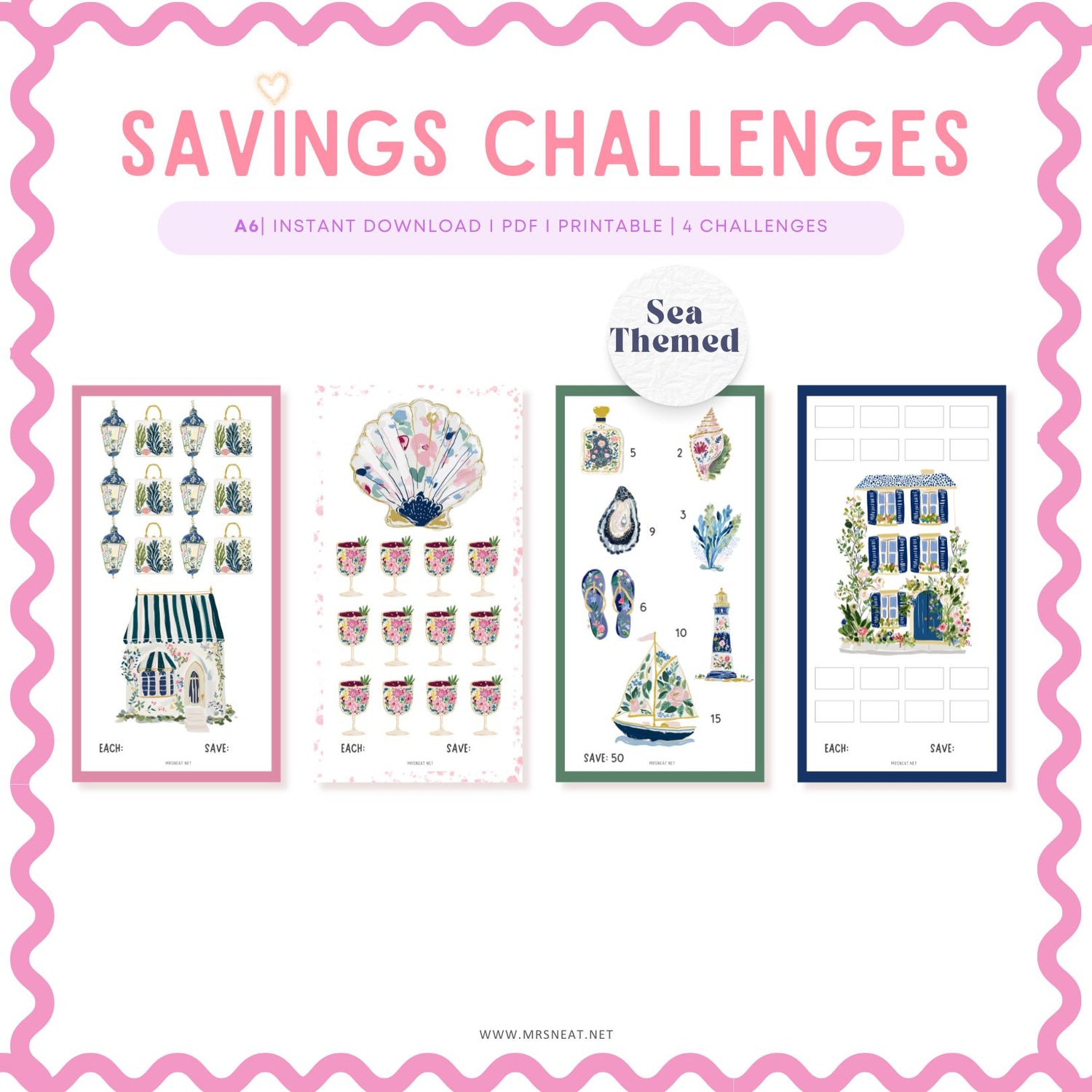 Beautiful vibrant set of four A6 mini savings challenges with Sea Themed for Low Income Budgeting