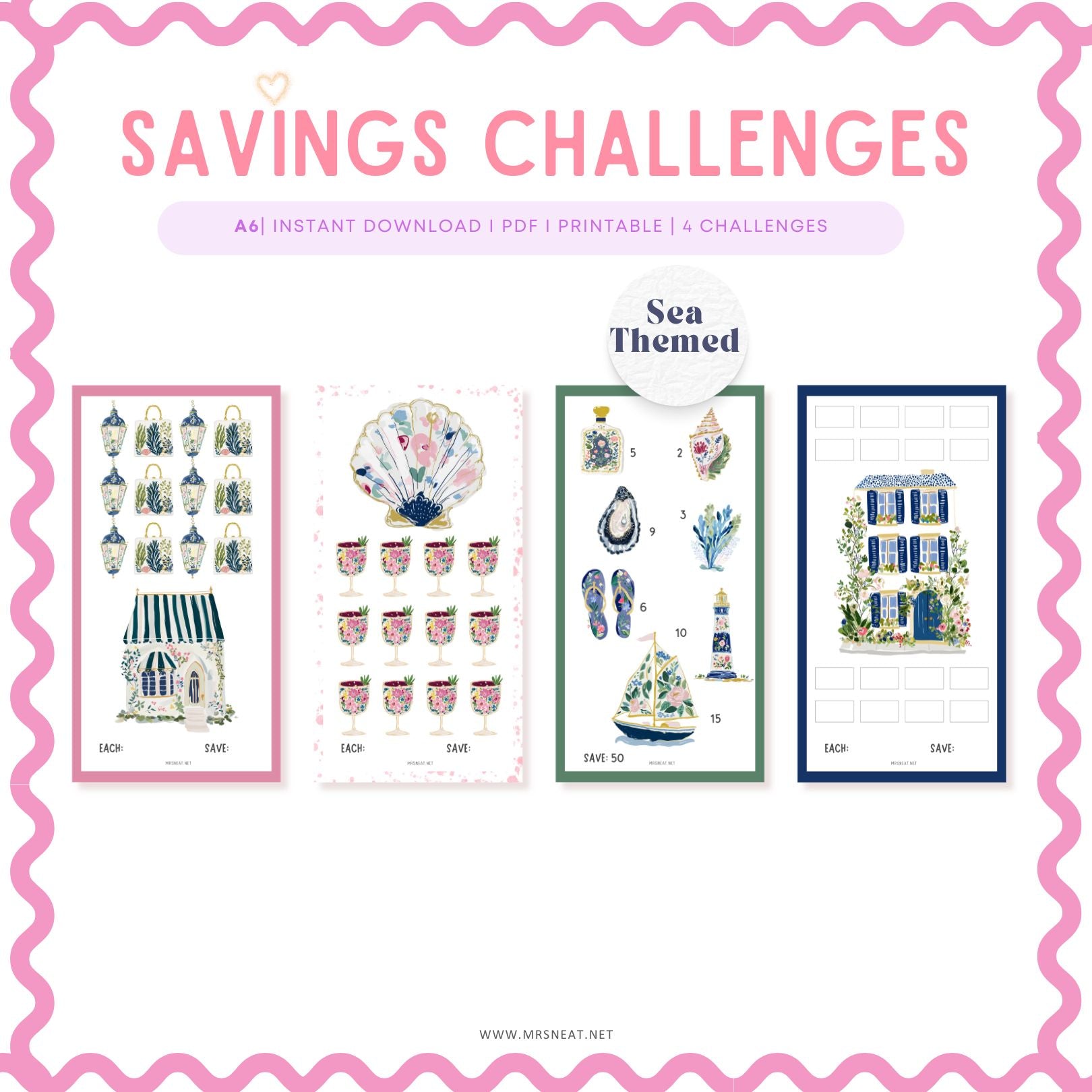 Beautiful vibrant set of four A6 mini savings challenges with Sea Themed for Low Income Budgeting