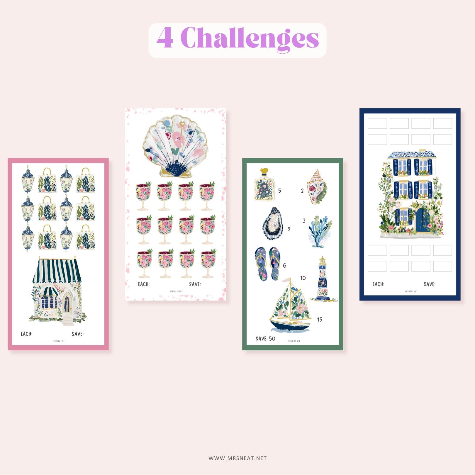 Cute and vibrant set of four A6 mini savings challenges printable for cash stuffing binder insert.