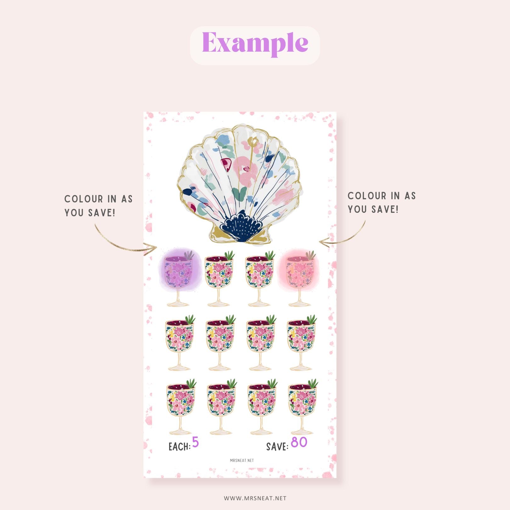 Kawaii pink pastel A6 mini savings challenge beautifully designed printable features stunning sea-themed artwork