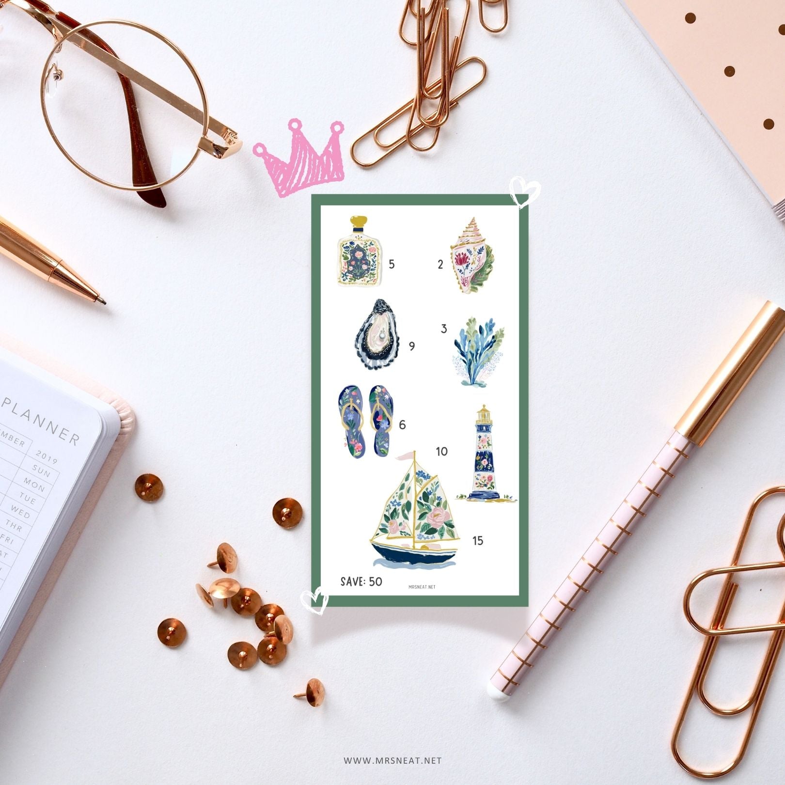 Adorable bold green A6 Mini Savings Challenge with Beautiful aesthetic sea artwork