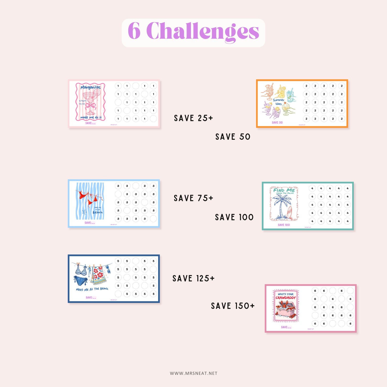 Bright and delightful set of six printable A6 savings challenges brings fun and personality to your financial goals. Six different color and different saving goals.