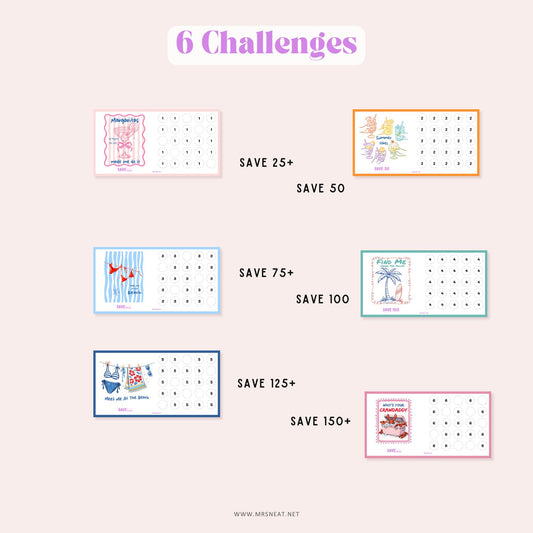 Bright and delightful set of six printable A6 savings challenges brings fun and personality to your financial goals. Six different color and different saving goals.