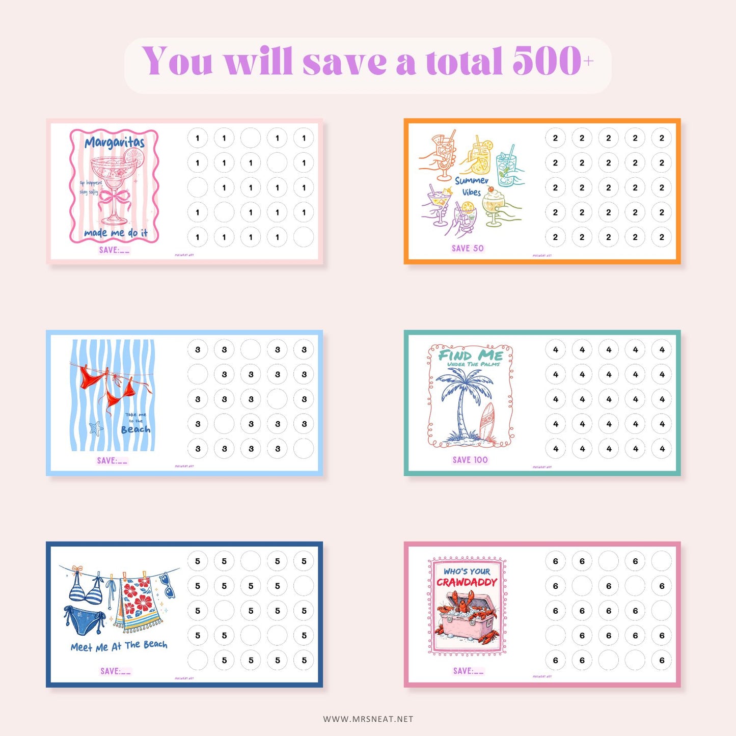 Fun and Cute Set of six A6 Summer Beach Mini Savings Challenge to save 500+, Each challenge features vibrant, colorful artwork paired with playful wording—from "Summer Vibes" and "Take me to the beach" to "Find me under the palms," "Meet me at the beach," "Who's your crawdaddy," and more.