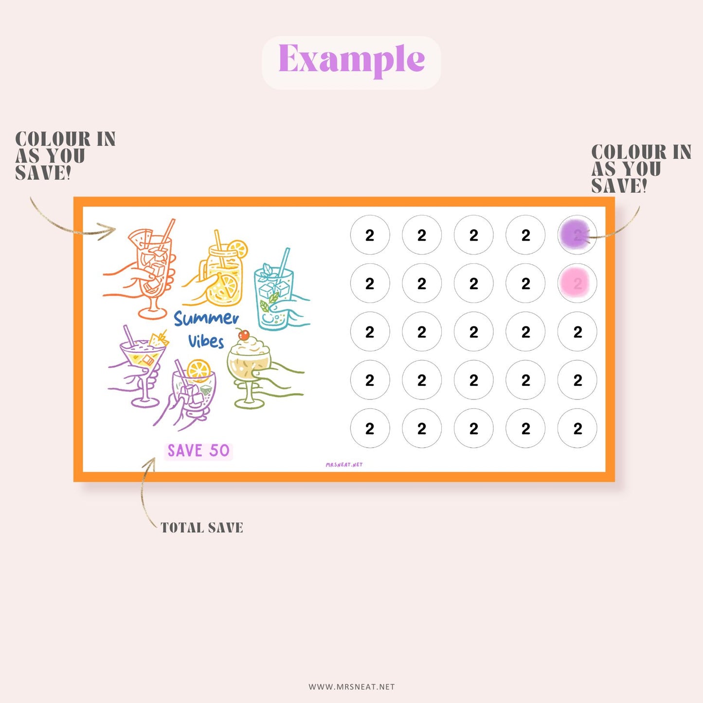 Beautiful and Bright Orange A6 Summer Beach Savings Challenge with "Summer Vibes" on the card to save 50