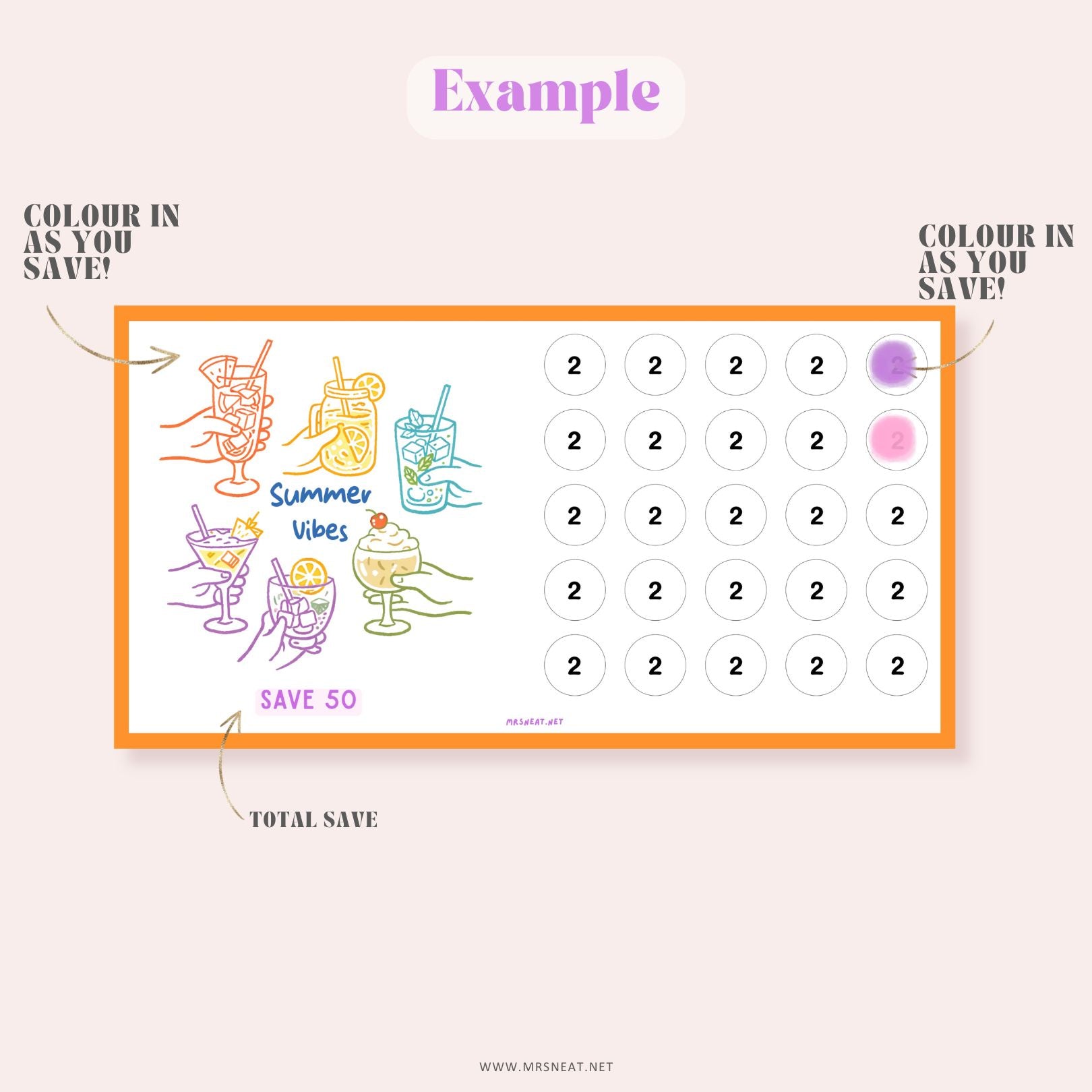Beautiful and Bright Orange A6 Summer Beach Savings Challenge with "Summer Vibes" on the card to save 50