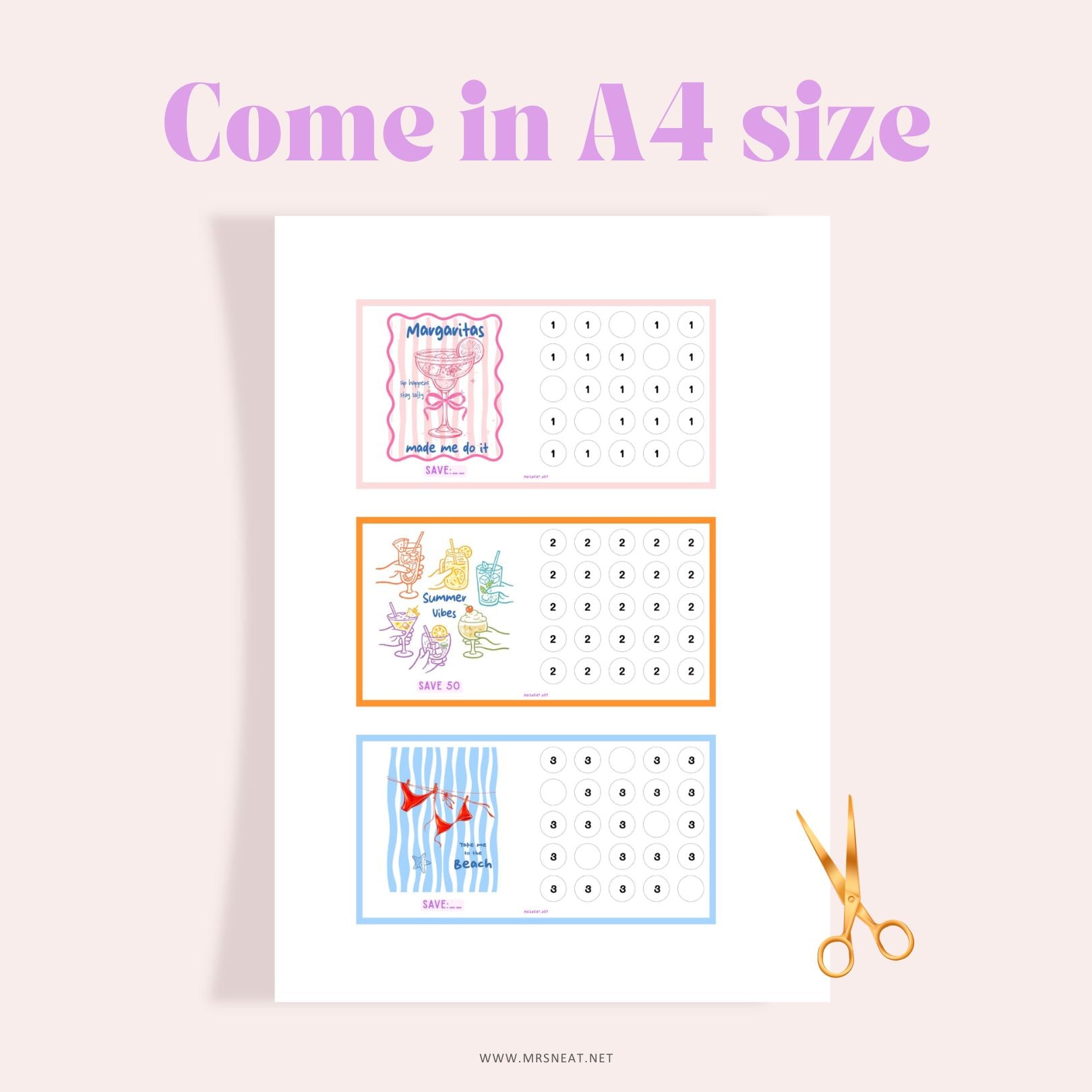 Kawaii and delightful set of Three printable A6 savings challenges in A4 paper size ready to cut
