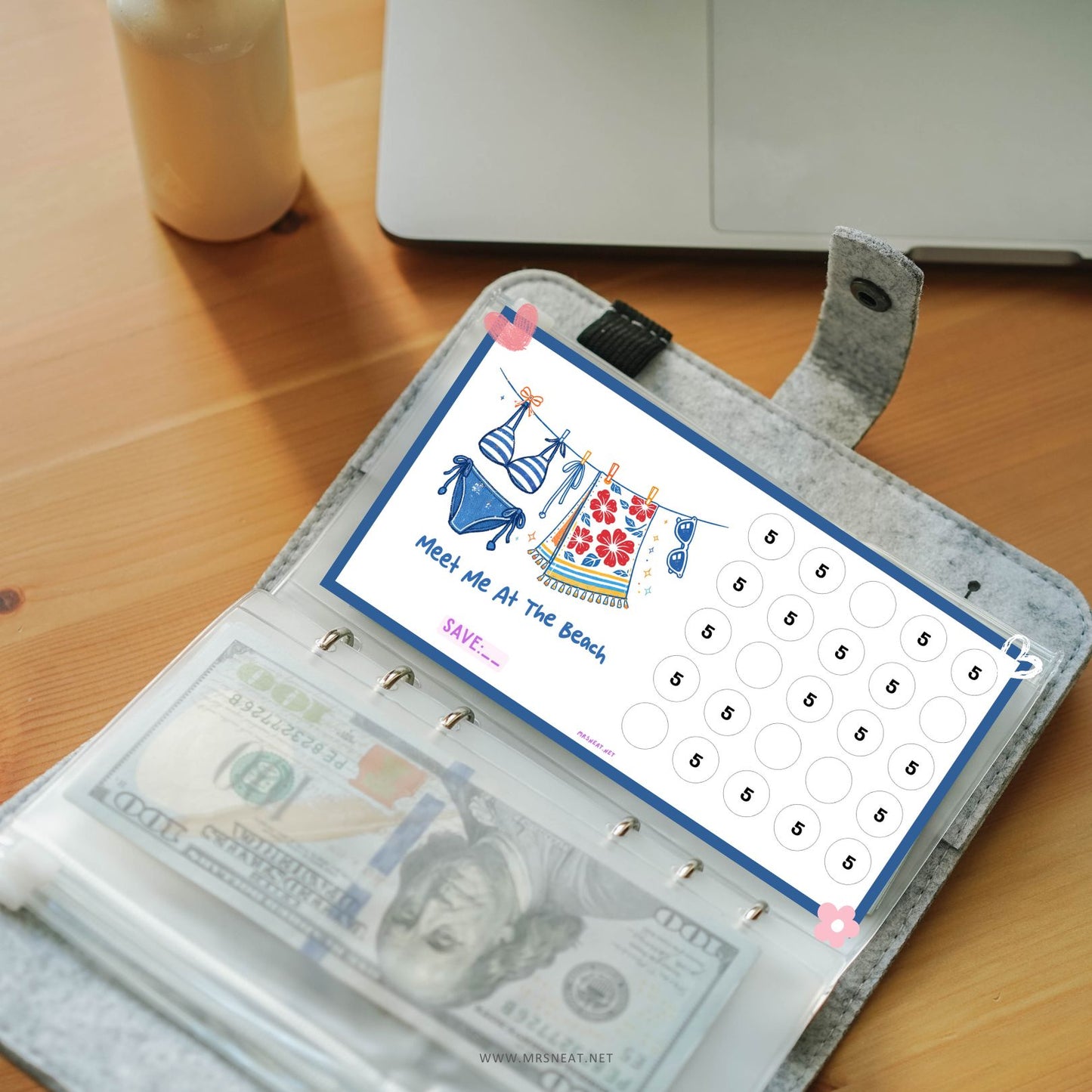 Super Cute, Funny and beautiful artwork Blue Navy A6 Summer beach mini savings challenge with words "Meet Me At The Beach"