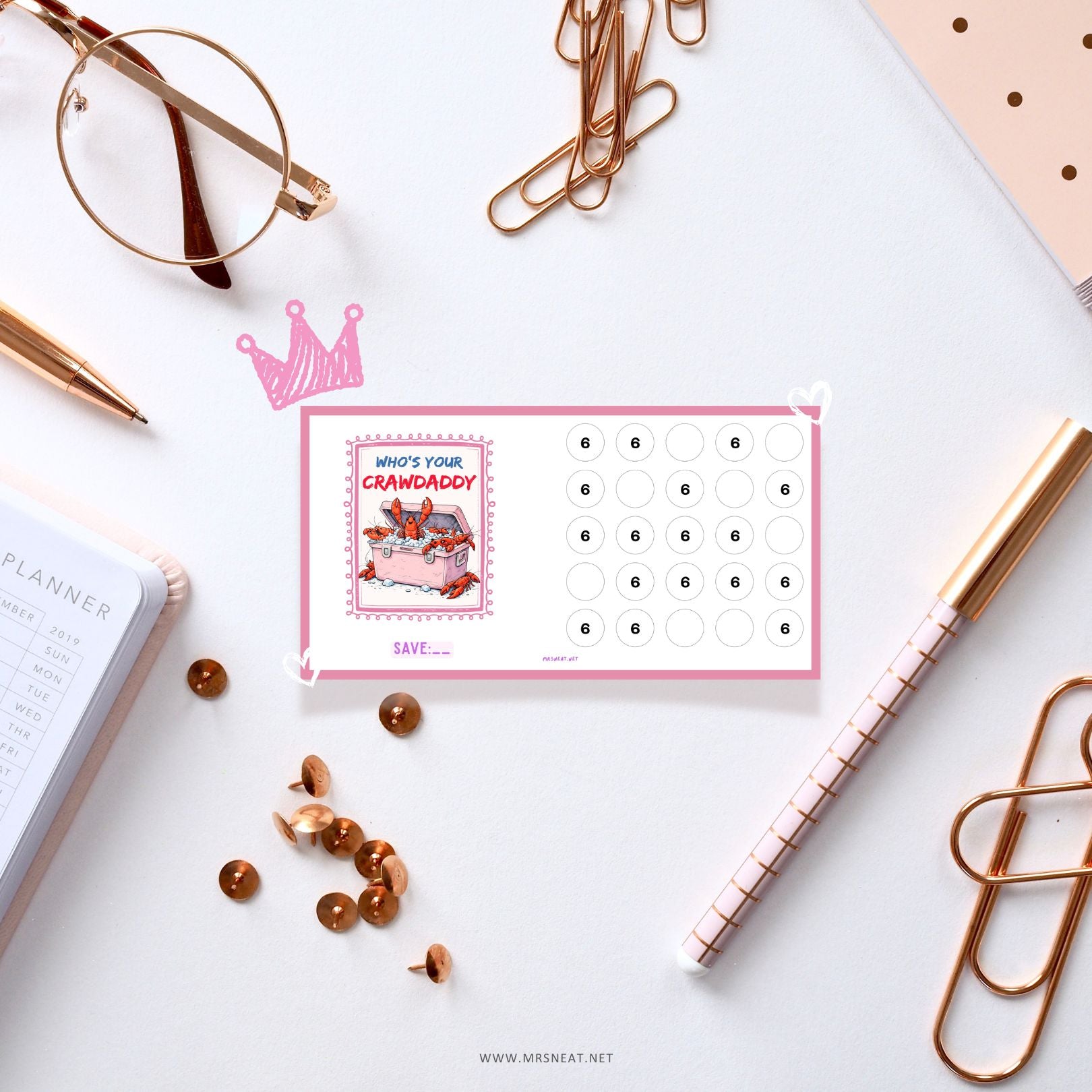 Beautiful Pink pastel A6 Summer Beach Tiny Savings Challenges "Who's Your Crawdaddy" with cute artwork