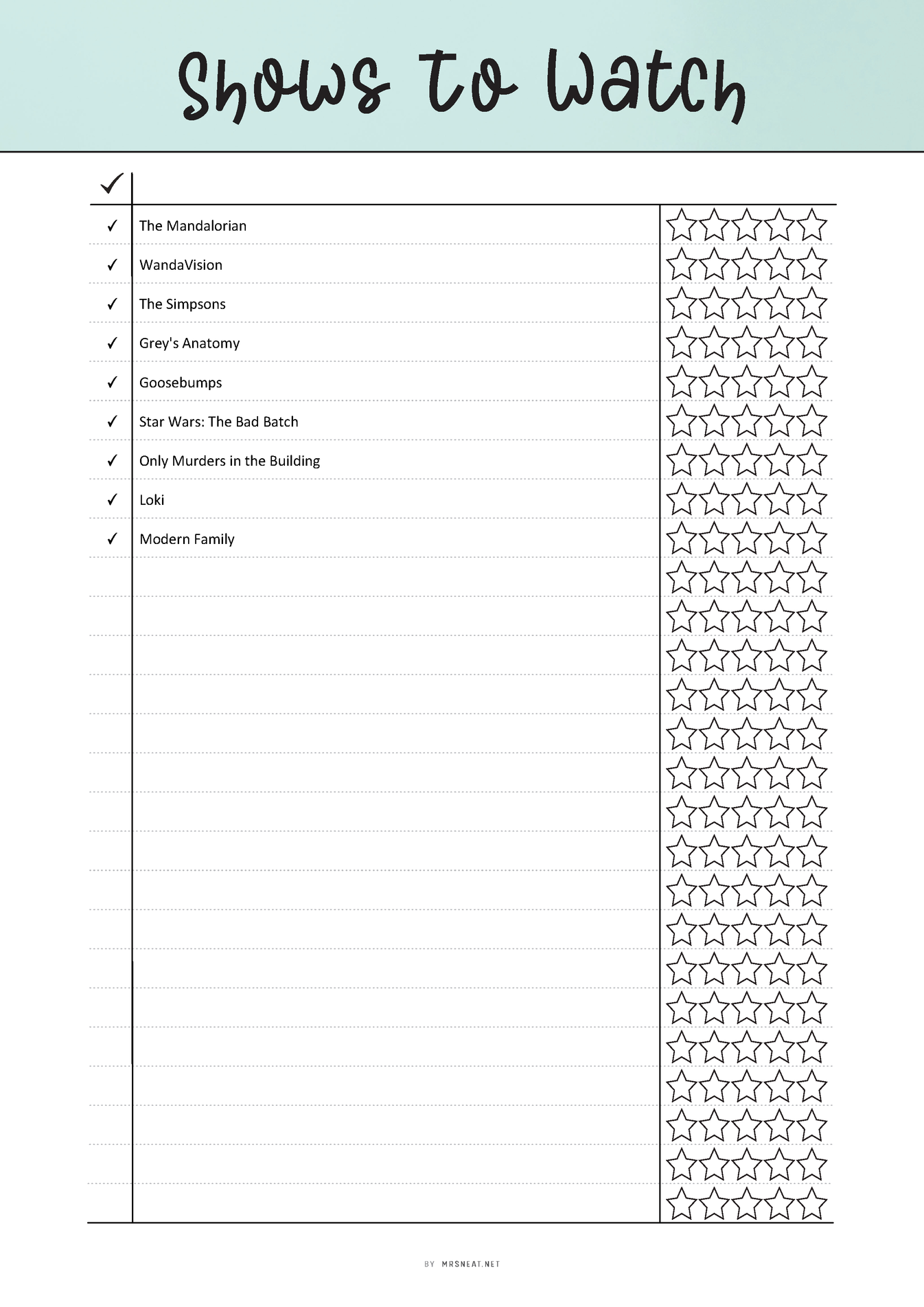 Shows To Watch List Printable - M373 – mrsneat