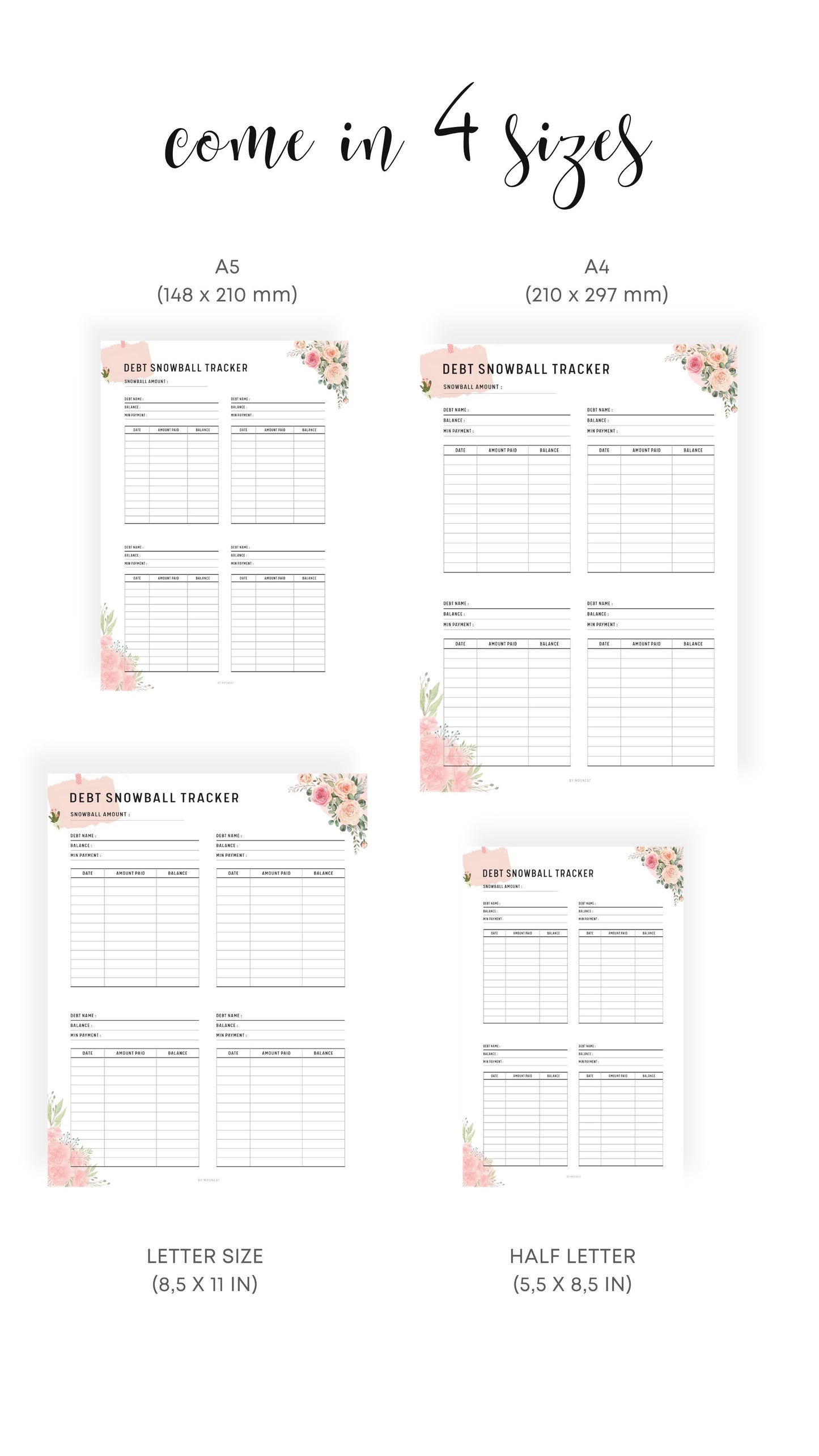 A4, A5, Letter, Half Letter Minimalist Debt Snowball Tracker in Floral Theme