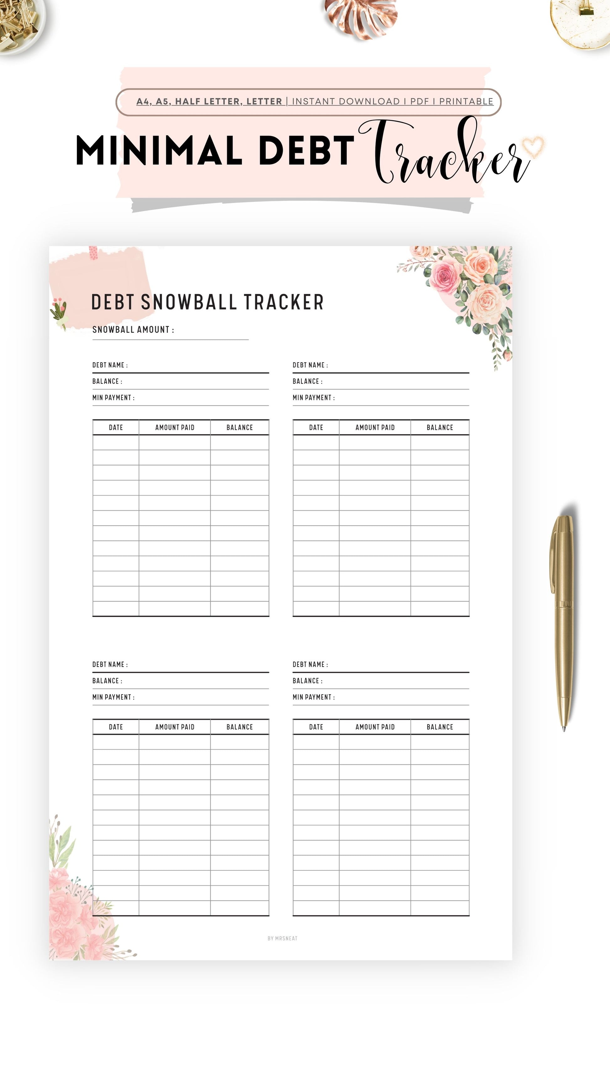 Beautiful Minimal Debt Snowball Tracker in Floral Theme