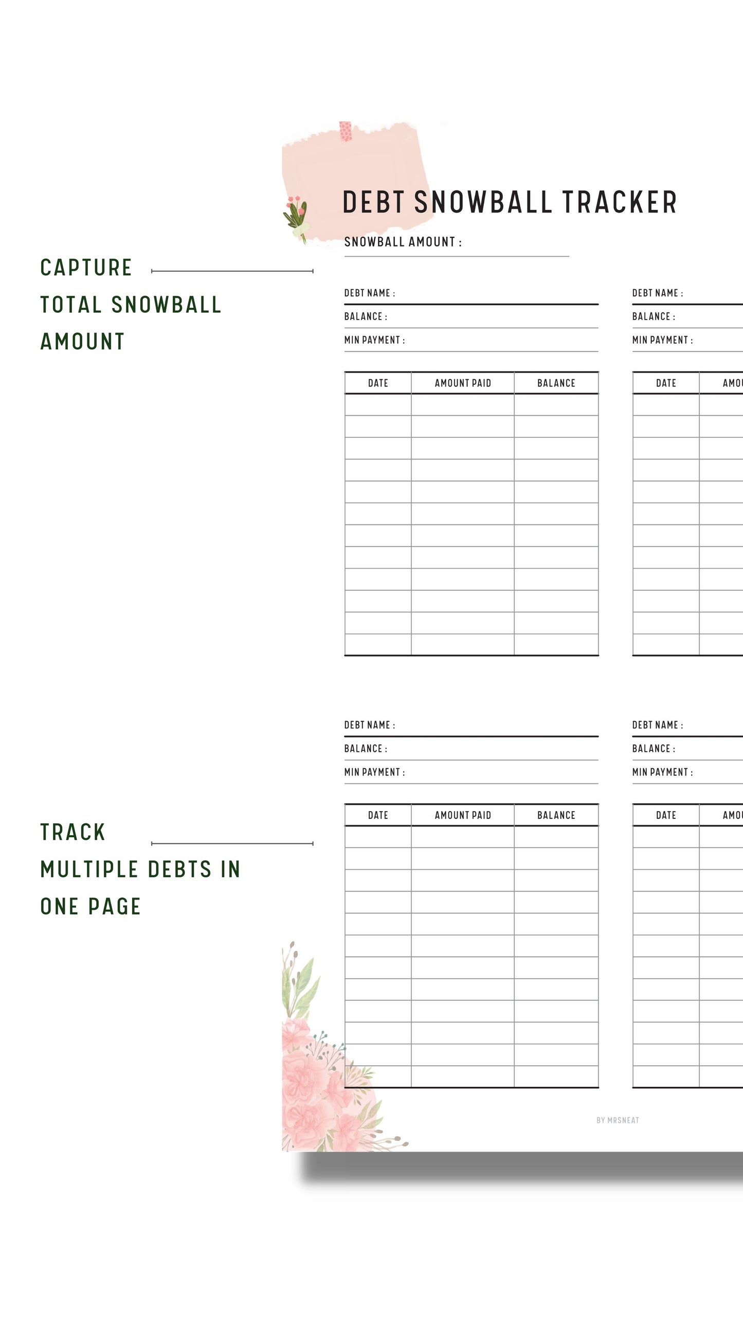 Minimal Floral Debt Snowball Tracker Template
