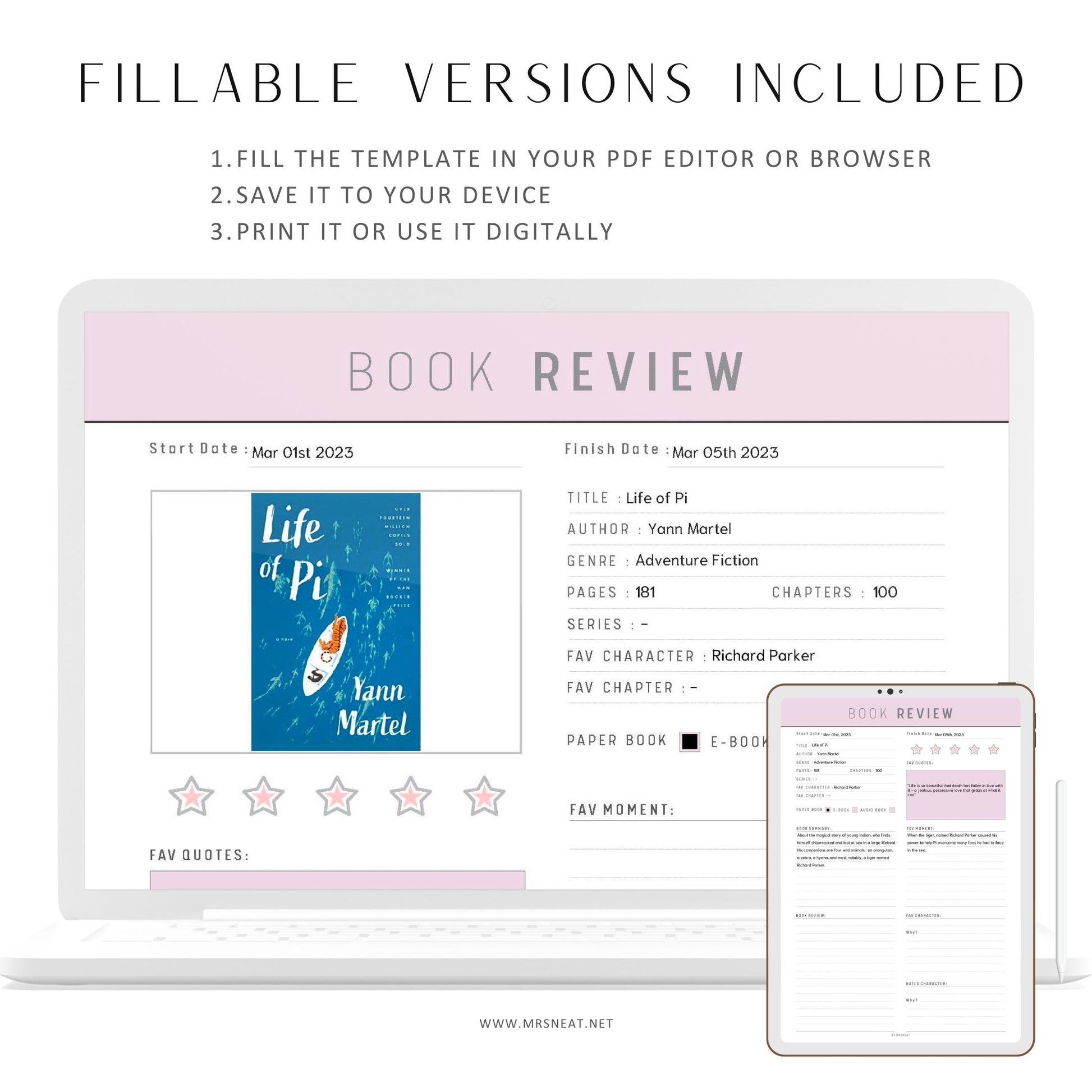 Fillable Book Review Planner, Digital Book Review, Book Review Page, Reading Tracker, 5 Colors, 2 Versions, A4 A5 Half Letter Letter, PDF