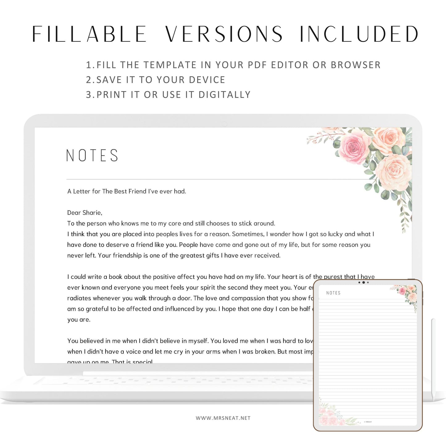 Fillable Floral Notes Page Printable, Notes Page Template, Writing Paper, A4, A5, Letter, Half Letter, PDF, 5 Versions, Printable Stationery, A4, A5, Letter, Half Letter, Digital Planner, Printable Planner