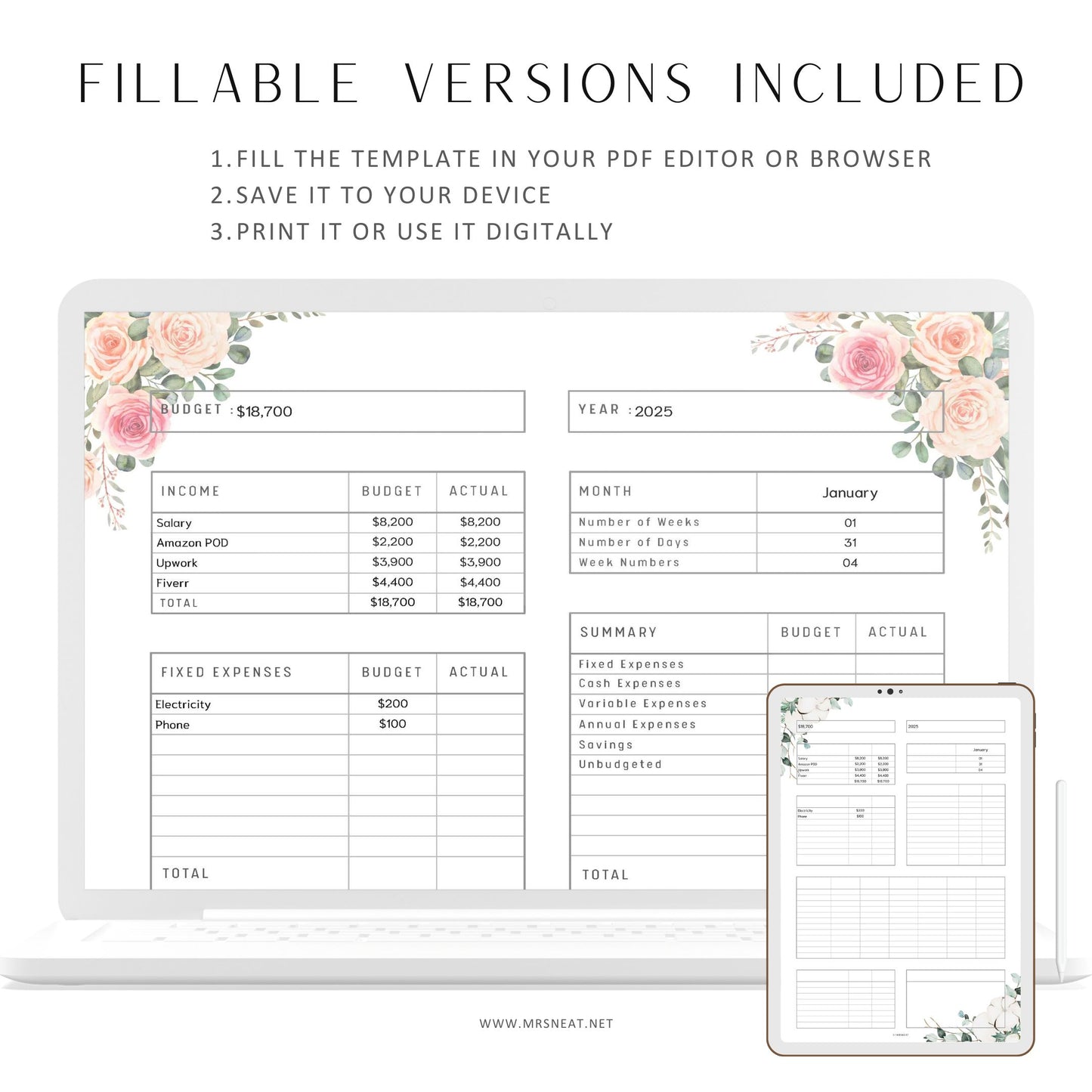 Fillable Budget Sheet Printable Planner, Budget Template, Paycheck Budget, Paycheck Tracker, Bi Weekly Budget, Weekly Budget, 4 Colors, 3 versions, A4, Digital Planner, Printable Planner, 13 Pages, Floral Theme