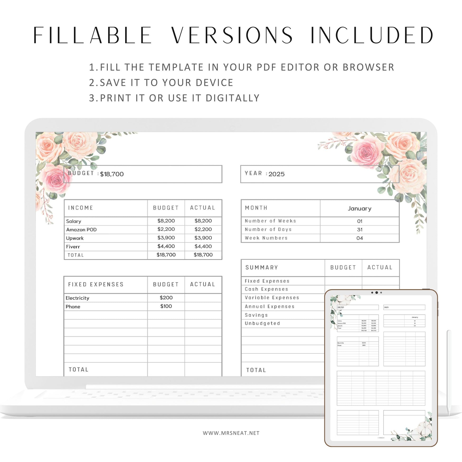 Fillable Budget Sheet Printable Planner, Budget Template, Paycheck Budget, Paycheck Tracker, Bi Weekly Budget, Weekly Budget, 4 Colors, 3 versions, A4, Digital Planner, Printable Planner, 13 Pages, Floral Theme