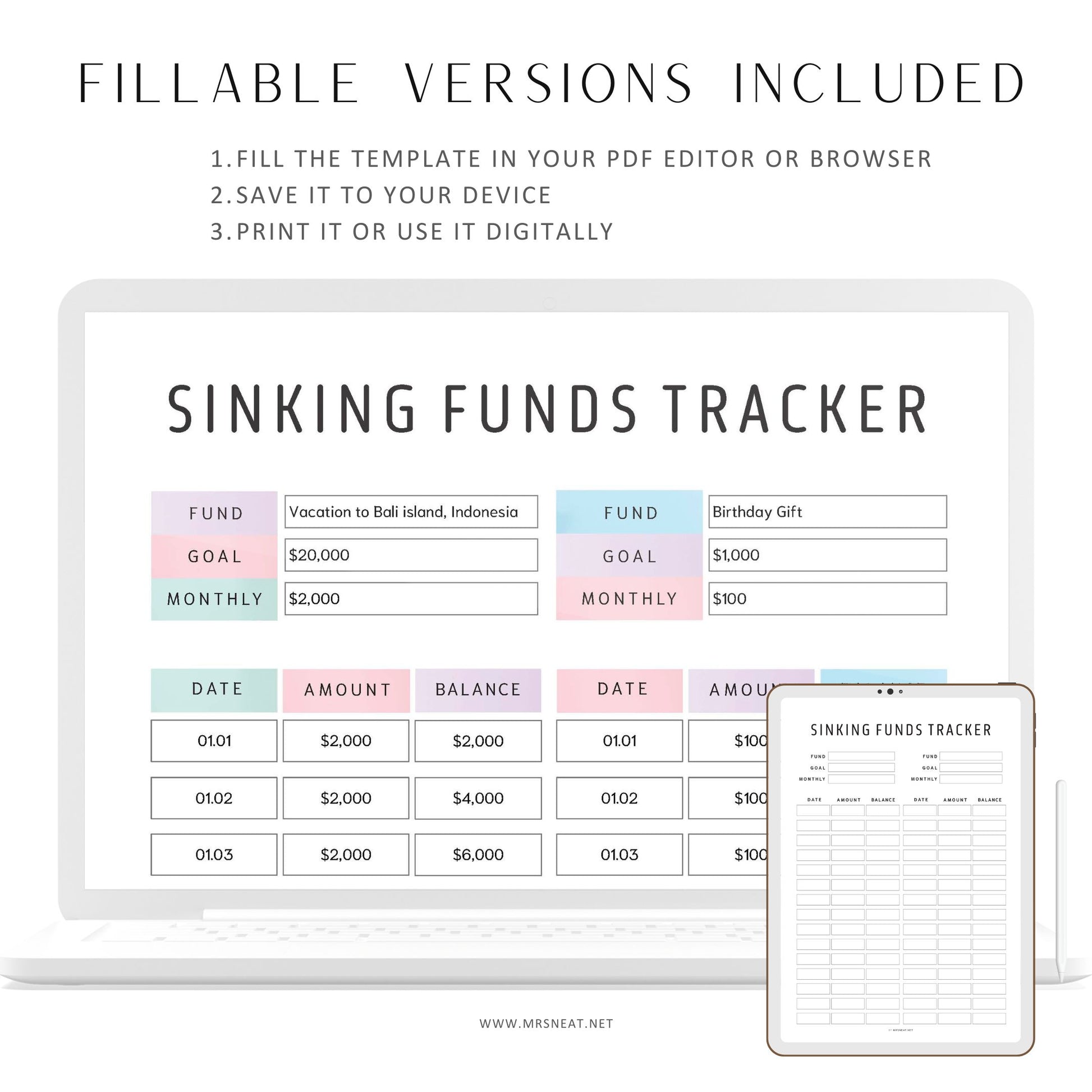 Editable Sinking Funds Tracker, Printable Sinking Funds Tracker, Savings Recorder, Savings Log, Savings Tracker, 2 color options, PDF Fillable, A4, A5, Letter, Half Letter, Printable Planner, Digital Planner