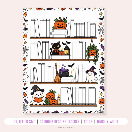 Spooky Bookshelf Reading Tracker printable for a 50 books reading challenge with Halloween-themed book illustrations