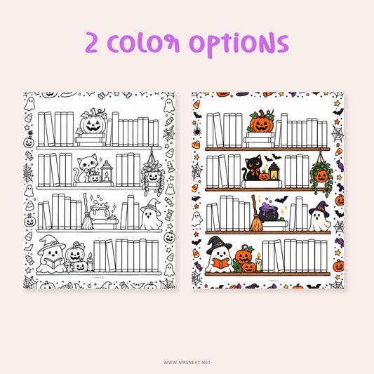 Halloween reading tracker printable featuring a spooky bookshelf with 50 spaces for tracking finished books