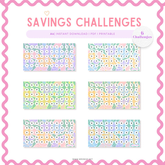 6 Spring Mini Savings Challenge, A6, Cash Stuffing, 6 Challenges, Colorful, Total save 1,050