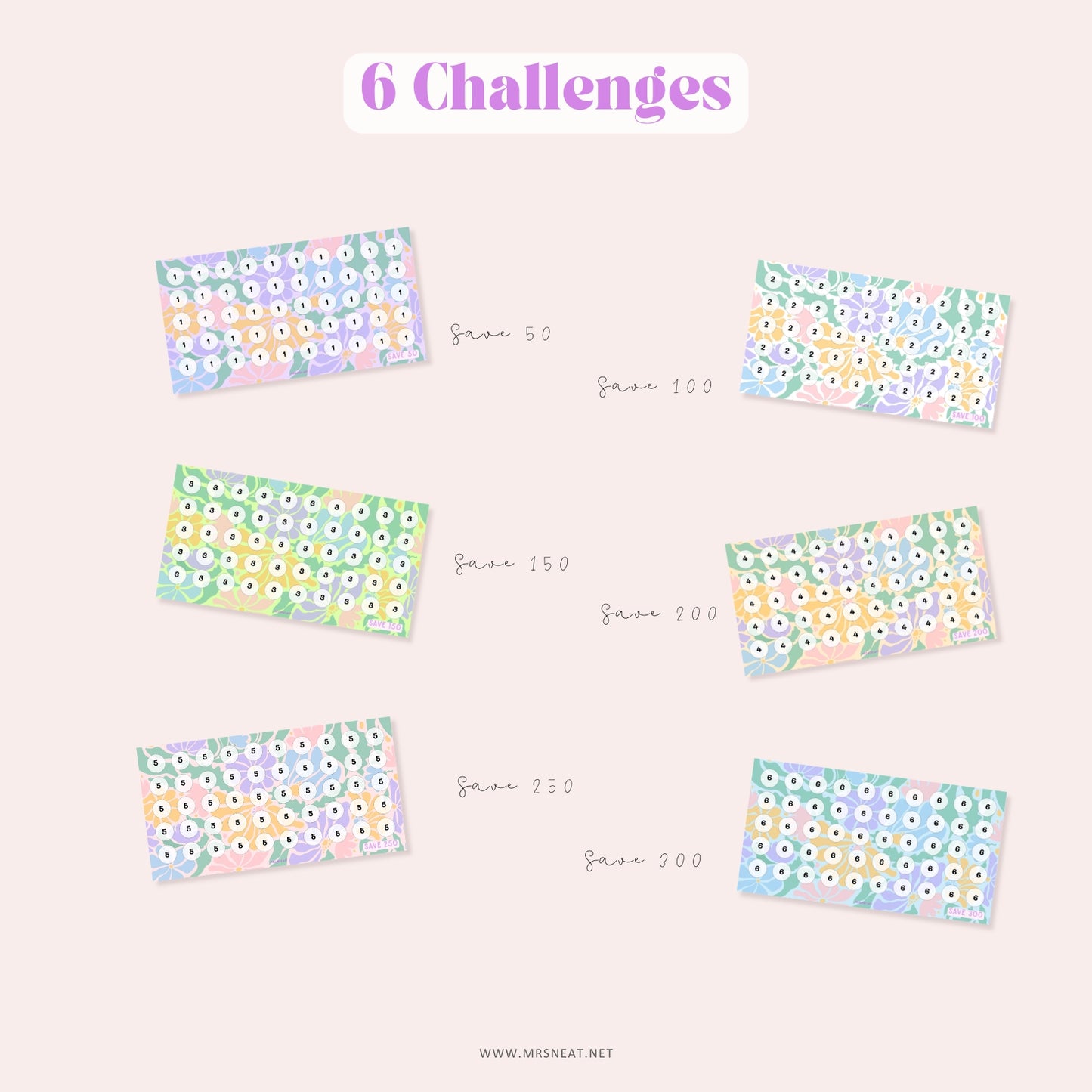 6 Spring Mini Savings Challenge, A6, Cash Stuffing, 6 Challenges, Colorful, Total save 1,050