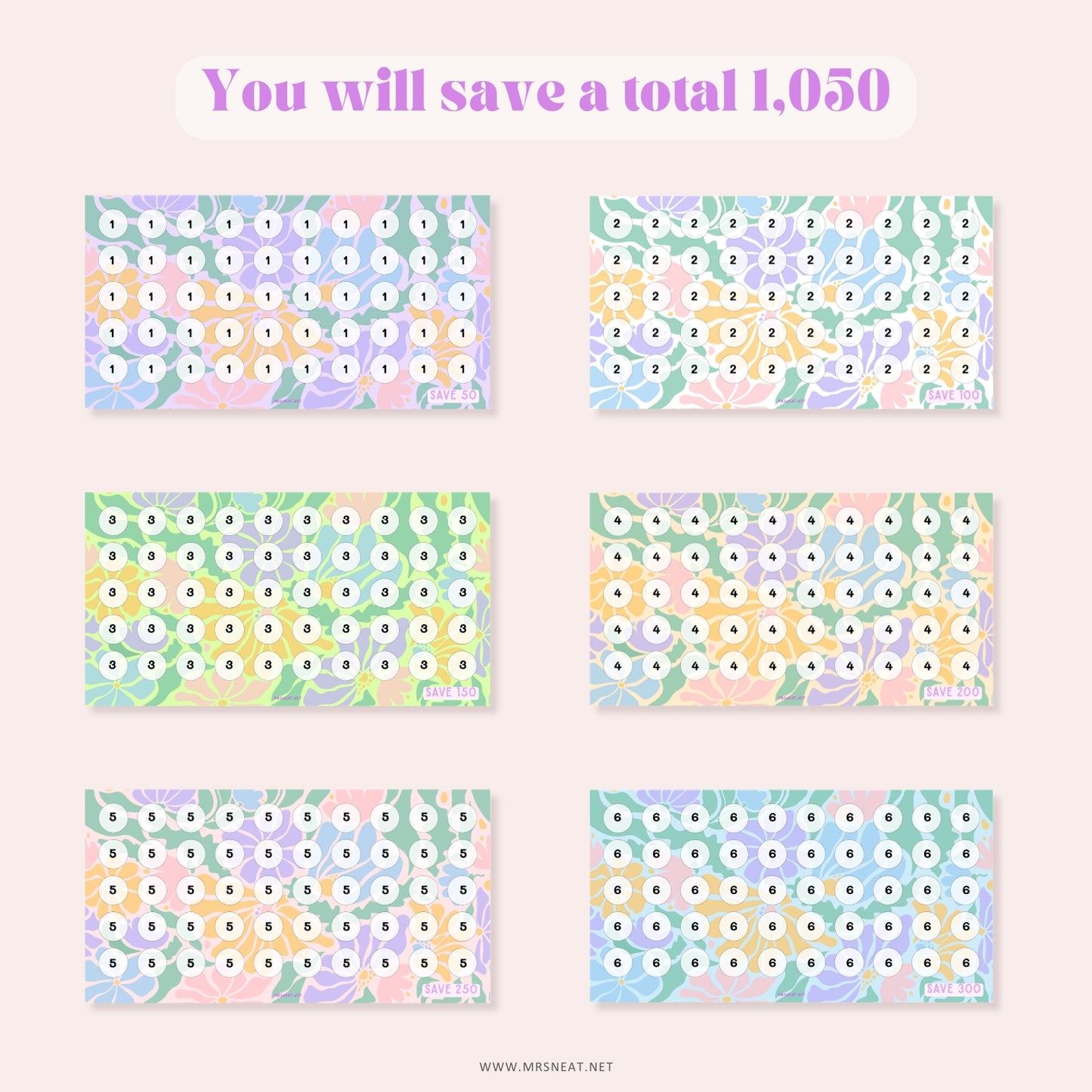 6 Spring Mini Savings Challenge, A6, Cash Stuffing, 6 Challenges, Colorful, Total save 1,050