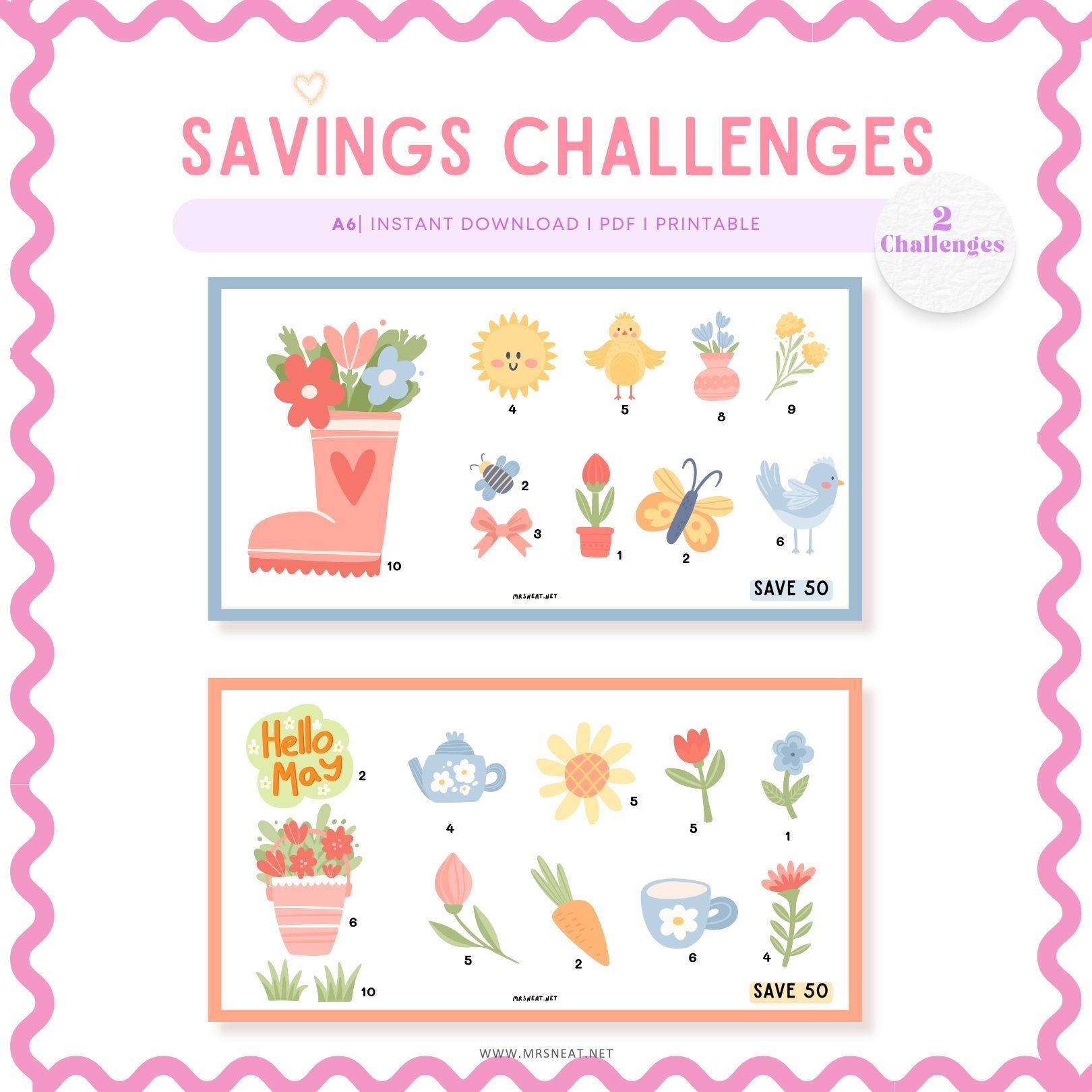 Spring Savings Challenge, Tiny Mini Savings Challenge, Printable, Digital Download, 2 Challenges, A6, Budget Tracker, Savings Tracker, Money Tracker, Money Game, Low Income Savings Challenge, Low Income Budget Tracker, Cash Stuffing