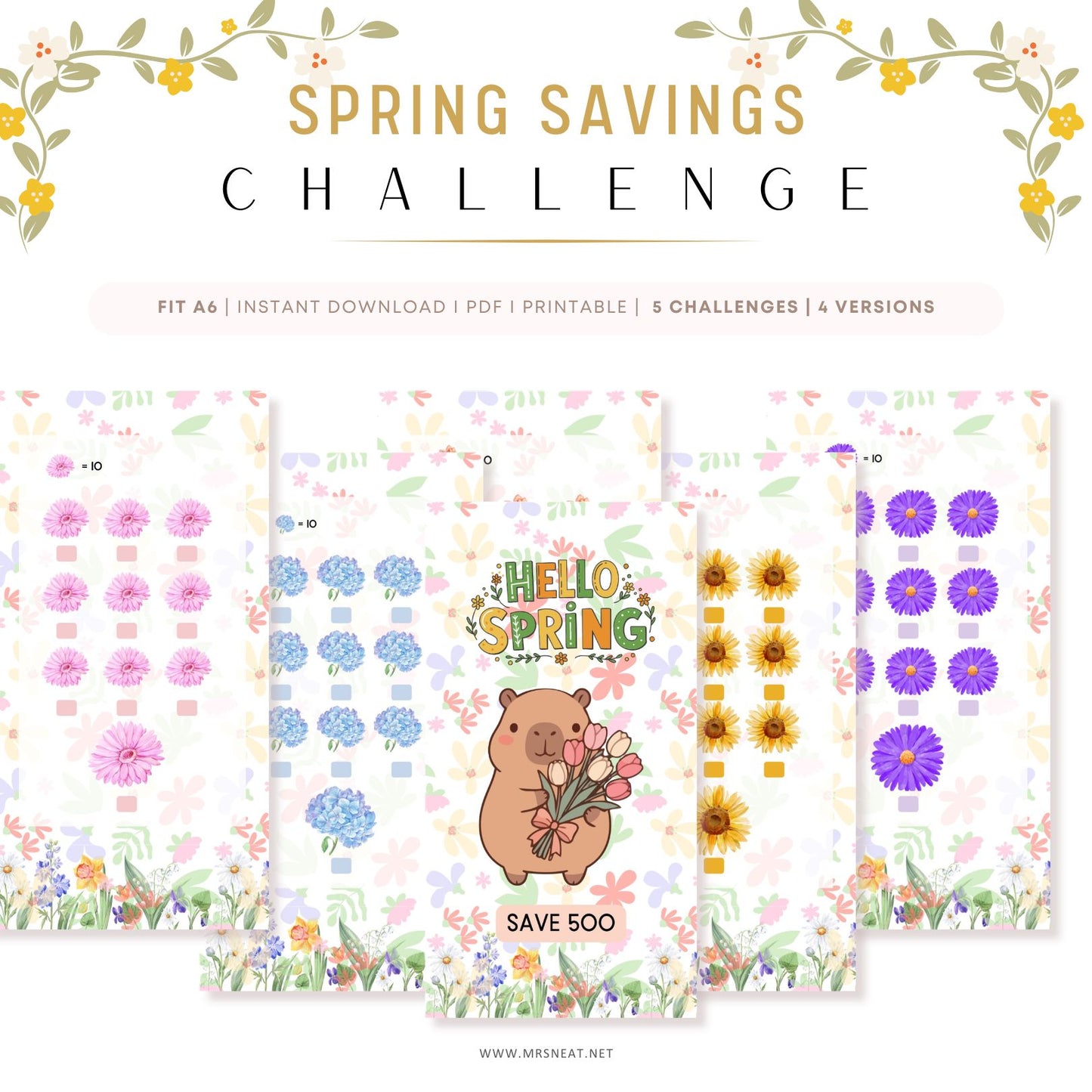 Spring-themed savings challenge planner with floral designs and a bear illustration on a white background.