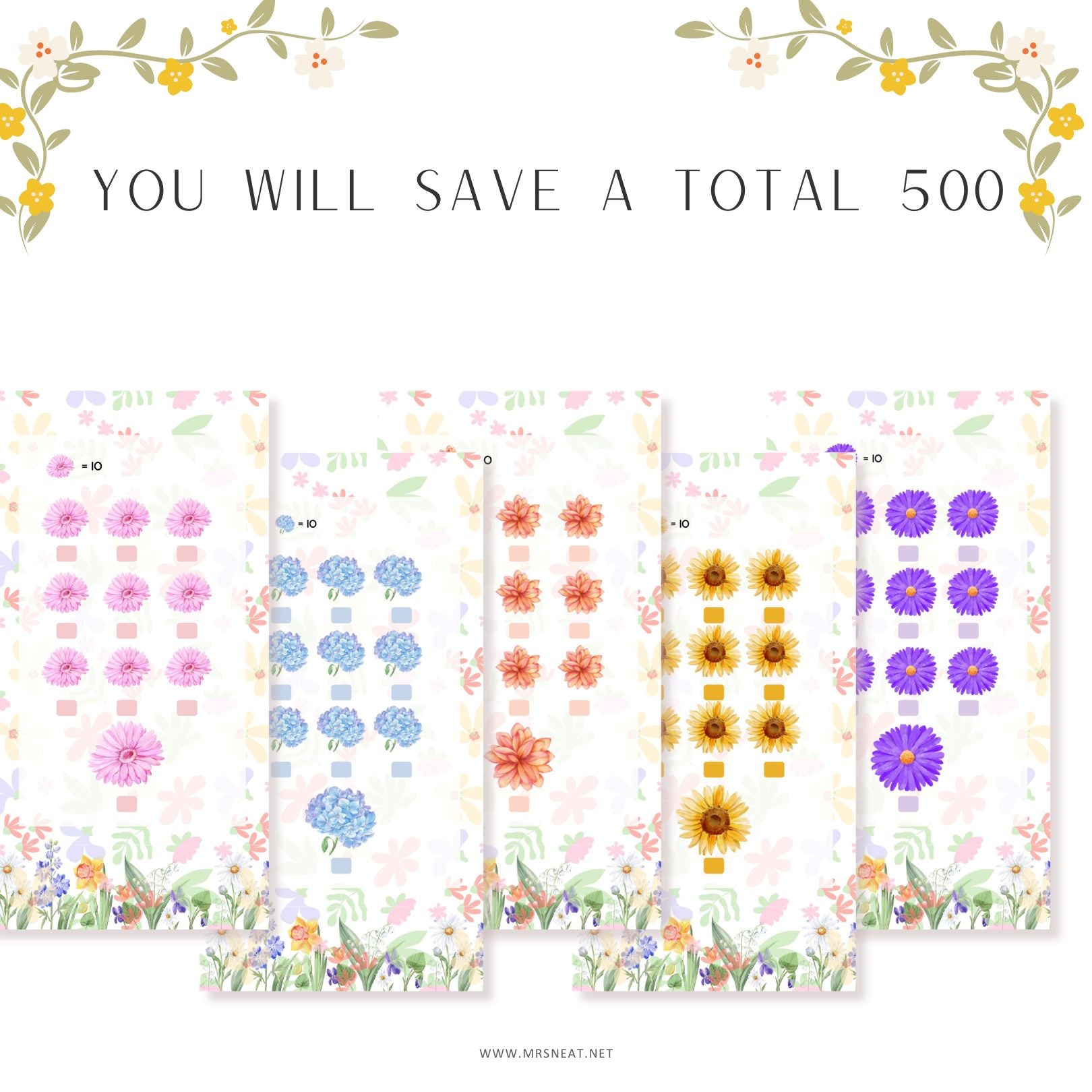 Set of floral patterned notebooks with decorative elements and text indicating savings.