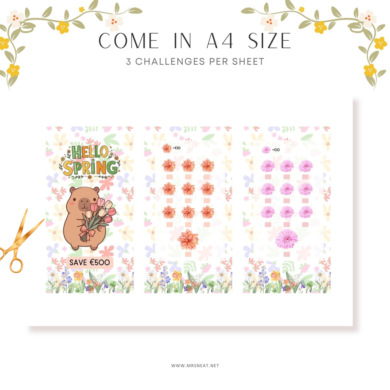 Sheet of planner stickers with a bear and flowers design, labeled 'Hello Spring', on a white background.